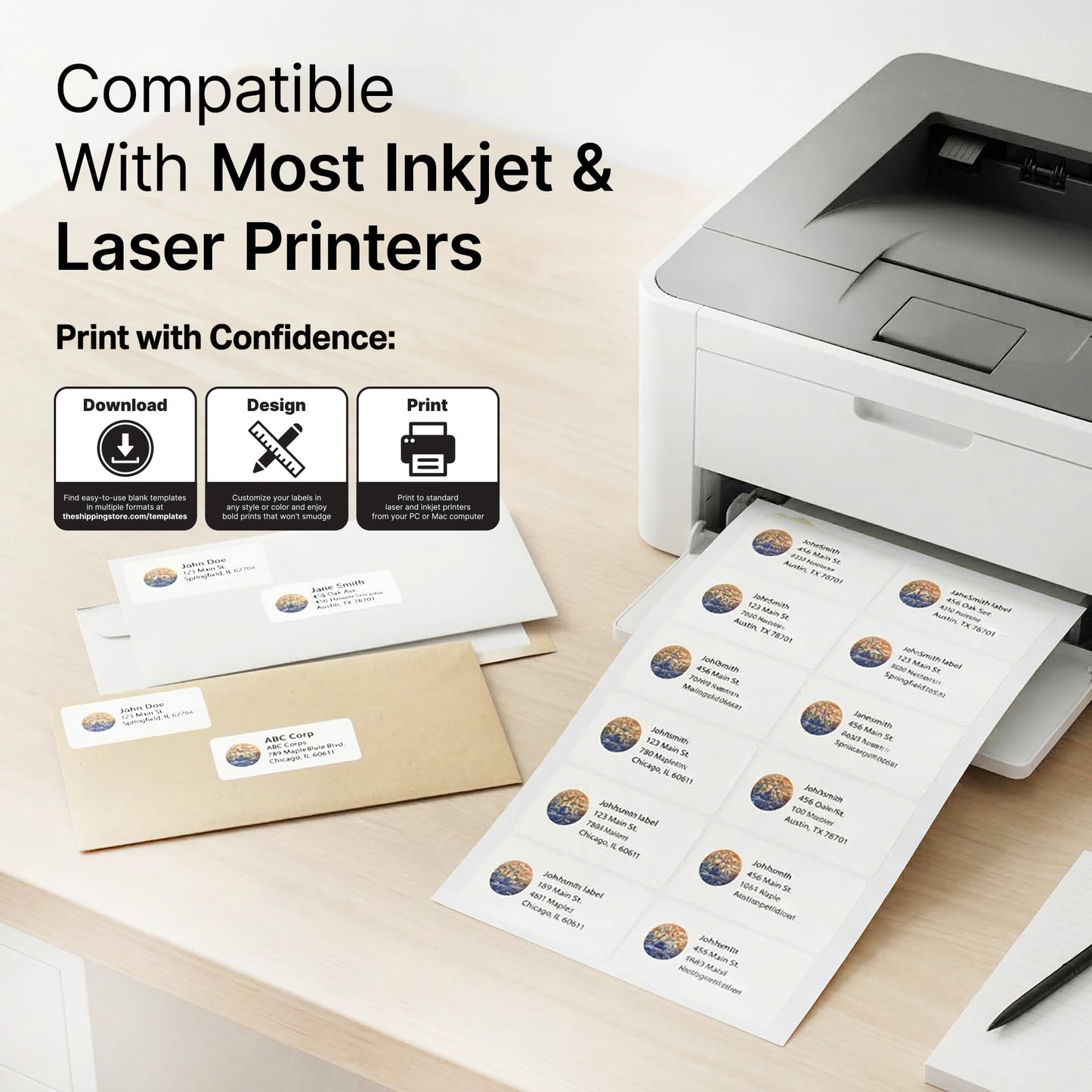 3" X 2" Matte White Printable Shipping Labels (250 Sheets, 2500 Stickers) Mailing and Address Labels, Product Packaging Stickers for Laser & Inkjet Printers - Spartan Industrial Template R011