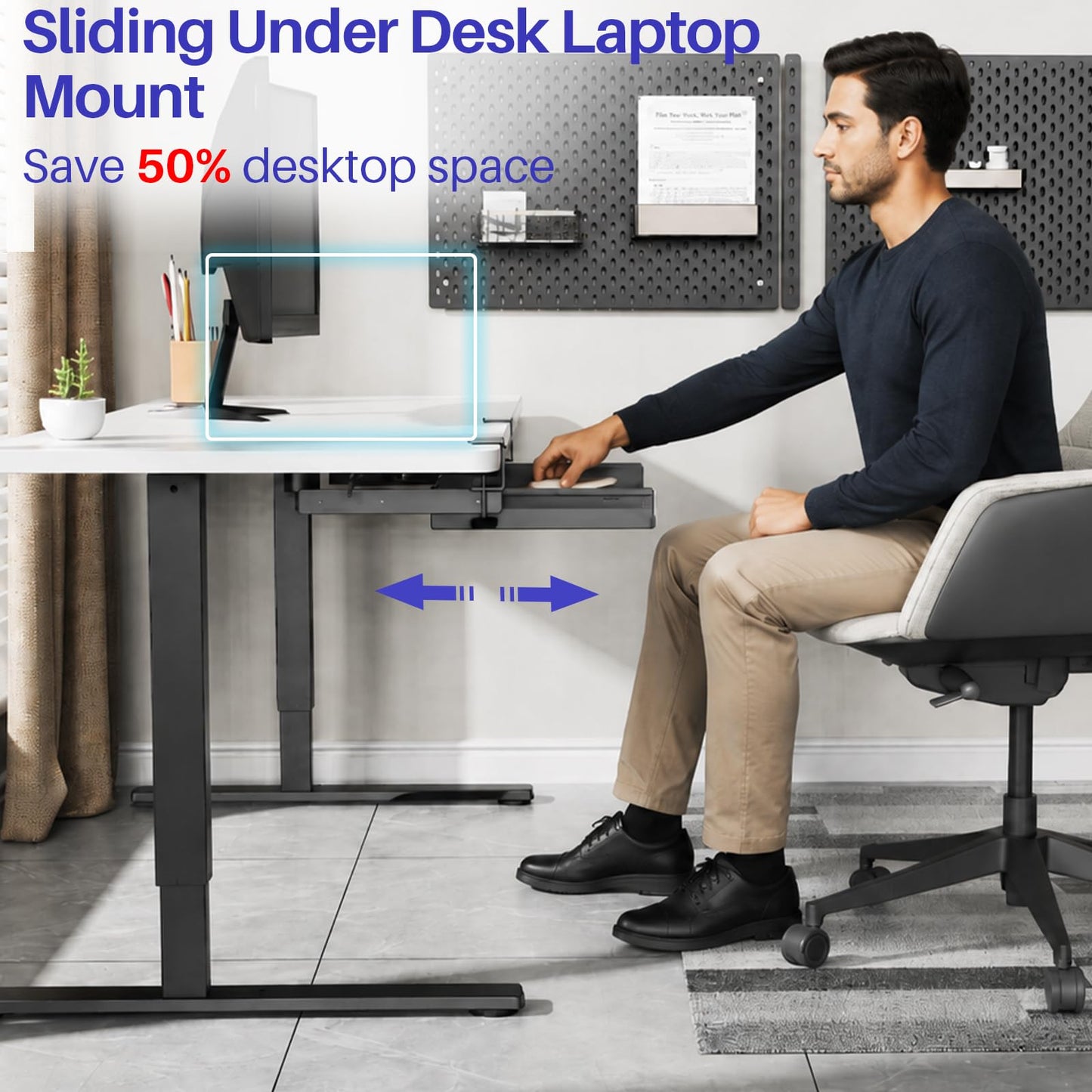 Sliding No Drill Under Desk Laptop Mount, Metal Under Desk Storage Shelf with Cable Management, Slide Out Laptop Storage Tray for MacBook, Mac Mini, Fits Office Workstations(Black with slid rail)