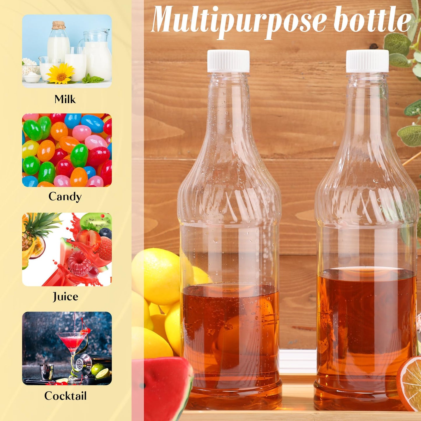 Dandat 20 Pcs 32 oz Plastic Long Neck Bottles with Pourer and Caps Plastic Juice Pour Bottles with Stainless Steel Pourer Tapered Spout for Liquor Juice Store (Sliver)
