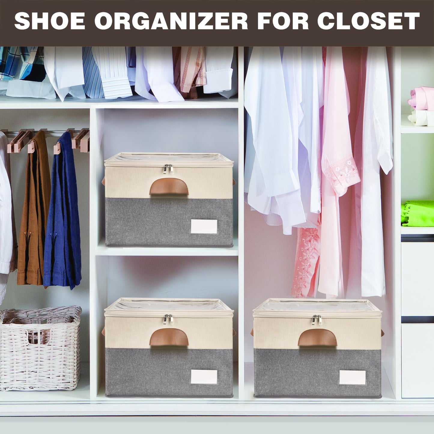JHHBHV 2 Pack Shoe Organizer for Closet, Adjustable Shoe Box Storage Containers, Large Foldable Shoe Bins with Clear Cover, Space Saving Shoes Holder with 4 Handles, Fits 16-32 Pairs, Beige