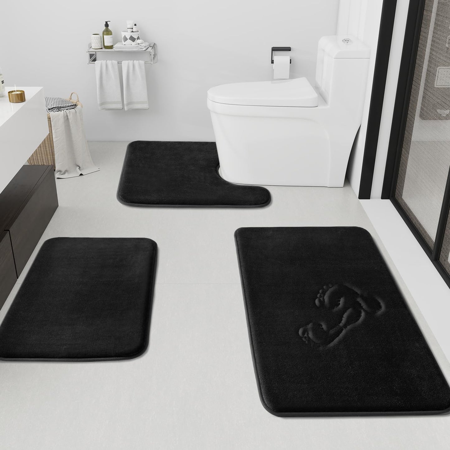 HUXMEYSON Bathroom Rugs Sets 3 Piece, Non-Slip & Quick Dry Bath Mat Set, Ultra Soft Velvet Bath Rugs for Bathroom, Toilet and Shower Floor, Black