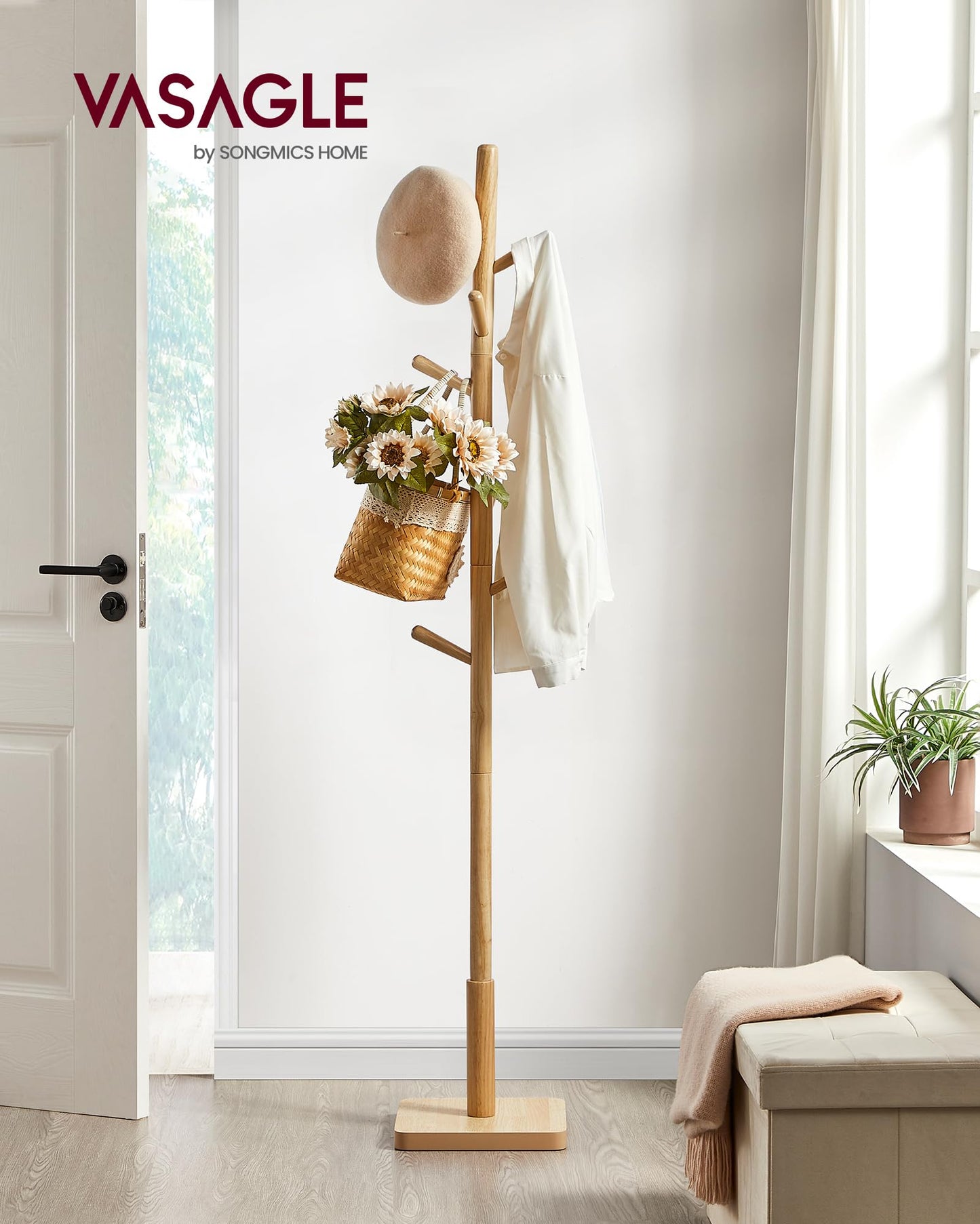 VASAGLE Solid Wood Coat Rack, Free Standing Hall Coat Tree with 8 Hooks, 3 Height Options, for Coats, Hats, Bags, Purses, for Entryway, Hallway, Rubberwood Hooks and Pole, Natural Beige URCR010N01