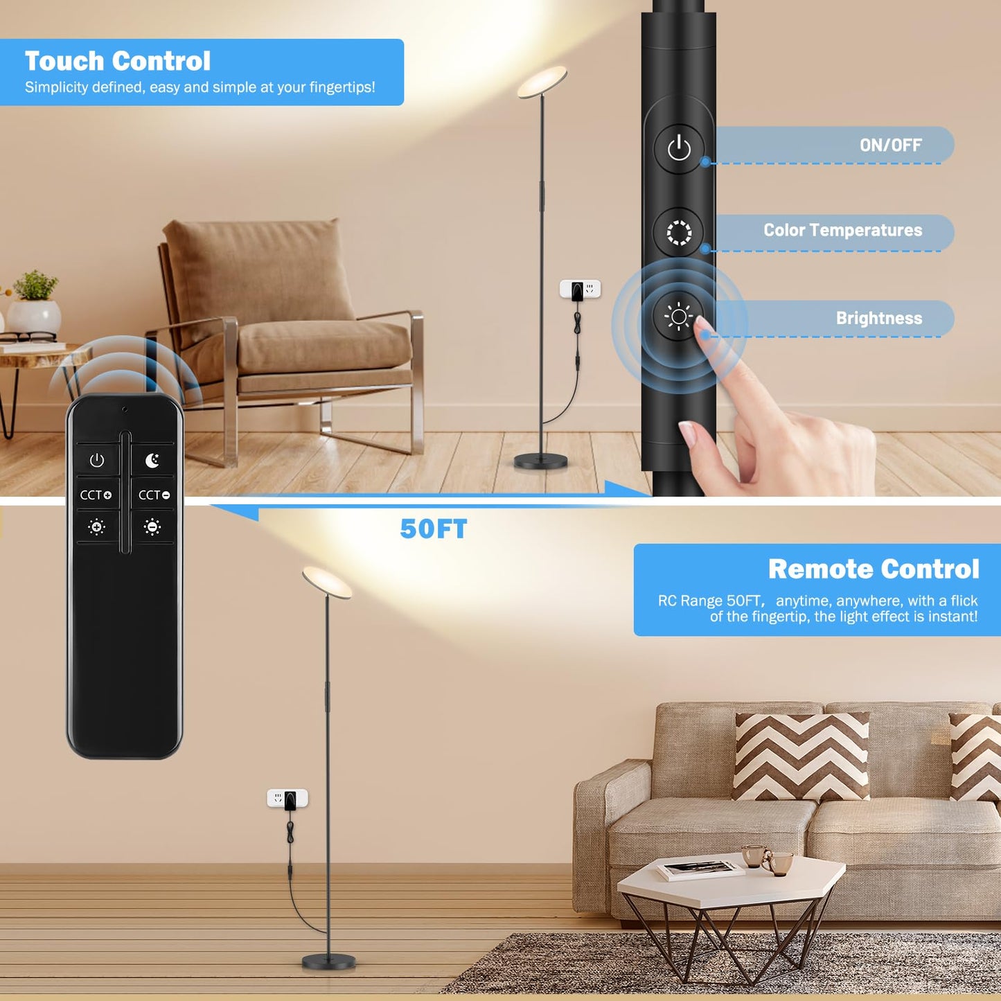 LED Floor Lamp, 3000LM 30W Super Bright Standing Lamp, 300W Equivalent Modern Torchiere Sky Lamp, 2700K-6500K Stepless Dimming with Remote & Touch Control, 69" Tall Lamp for Living Room Bedroom Office