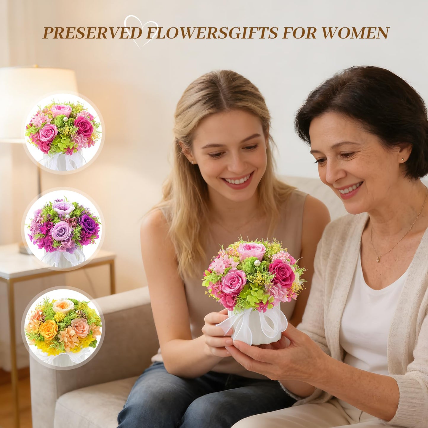 Preserved Flower Bouquet with Vase for Delivery Prime, Natural Forever Rose (Yellow & Champagne Eternal Floral Arrangement)