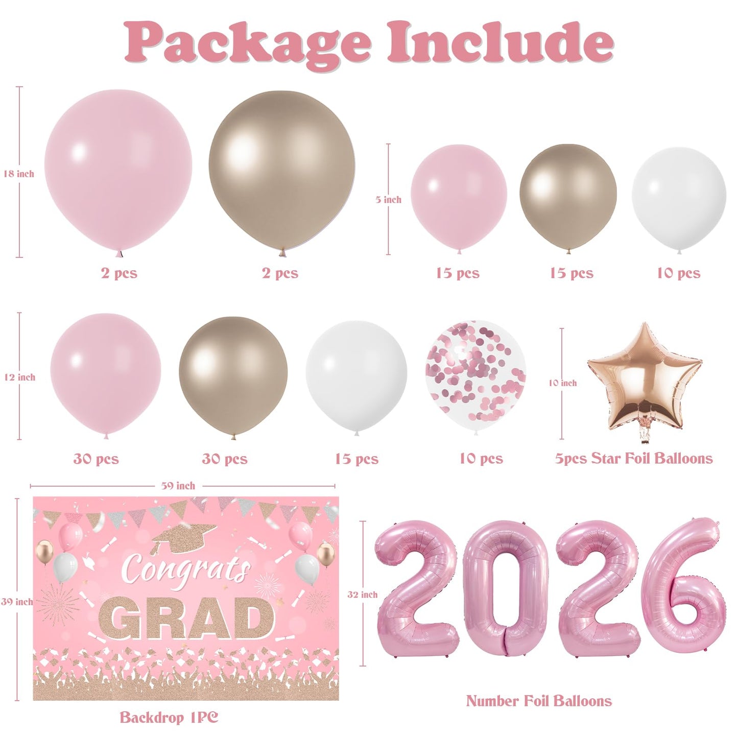 Graduation Decorations Class of 2026: Pink and Gold Graduation Balloons Arch Kit 2026 Grad Party Decorartion with Congrats Grad Backdrop Party Supplies for High School & College Celebrations