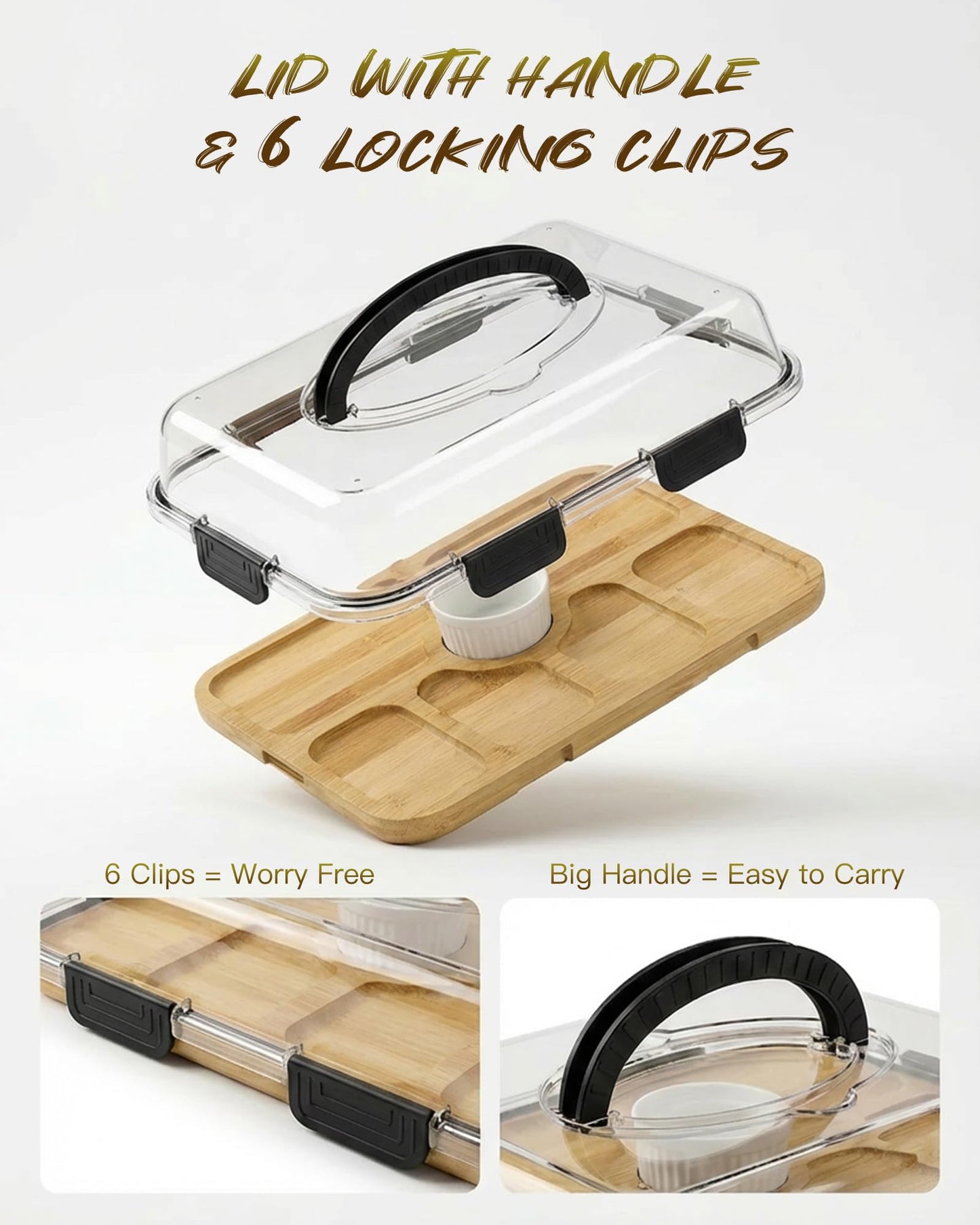 Charcuterie Board with Lid & Ice, Upgraded 6 Snap Laches, Sauce Cup Included, Large Portable Cheese Tray with Handle, Serving Tray for Picnic & Pool, House Warming Gifts New Home (Black)
