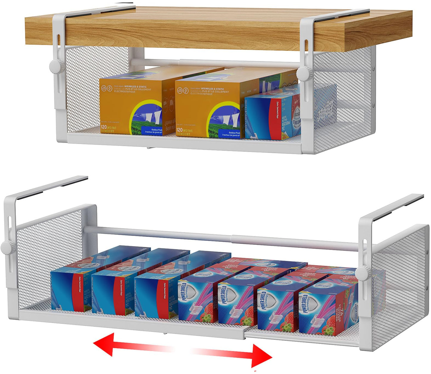 AmonHouseware 2Pack Under Shelf Basket, Adjustable Hanging Under Cabinet Shelf Storage, Hanging Holder Length Stretchable 14.9-22.6Inch for Kitchen Pantry Desk Counter Bookshelf Cupboard (White)