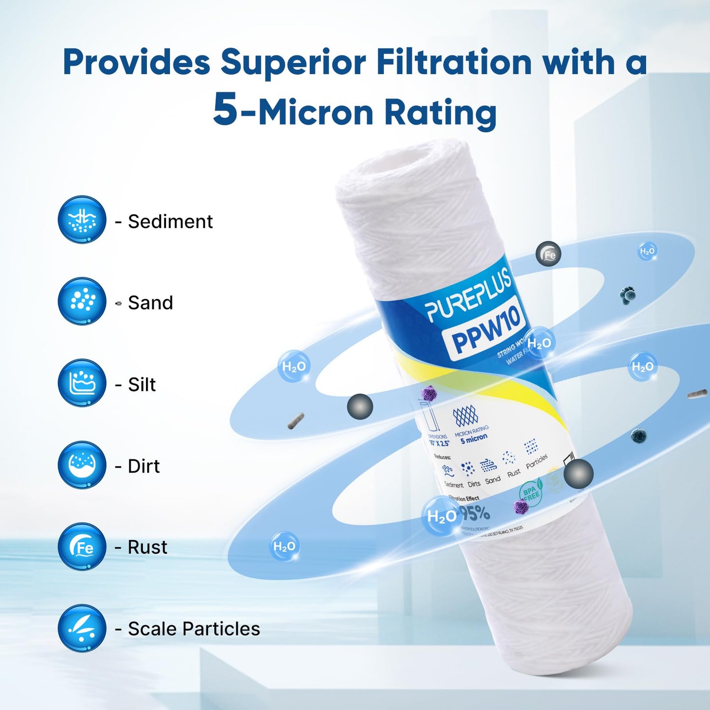 PUREPLUS 5 Micron 10"x2.5" Whole House String Wound Sediment Filter for Well Water, Replacement Cartridge for Universal 10 inch RO System, WP-5, Aqua-Pure AP110, CFS110, Culligan P5, WFPFC4002, 4Pack