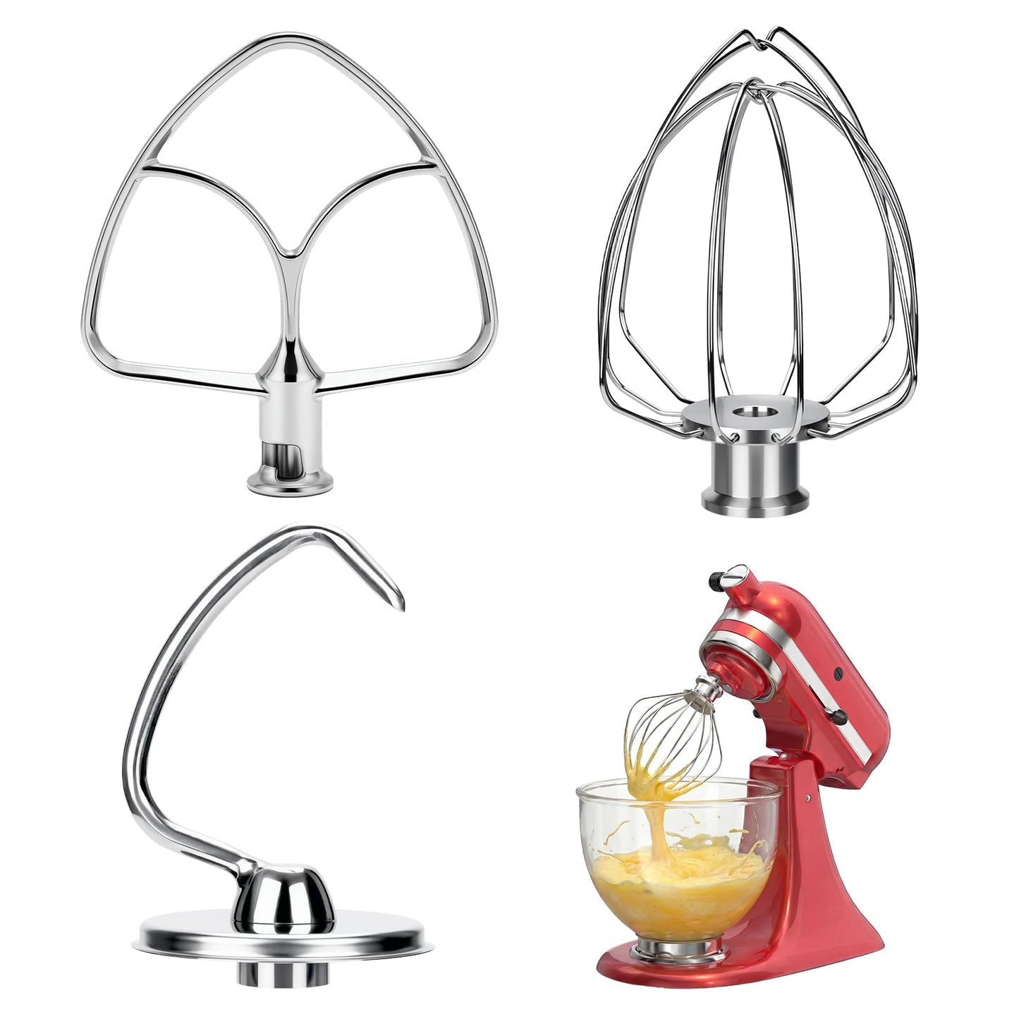 Stainless Steel Attachments 3 Piece Set for KitchenAid 4.5-5 Quart Tilt Head Stand Mixer, Includes K45B Flat Beater, K45DH Dough Hook and K45WW Wire Whip, Dishwasher Safe and Heavy Duty
