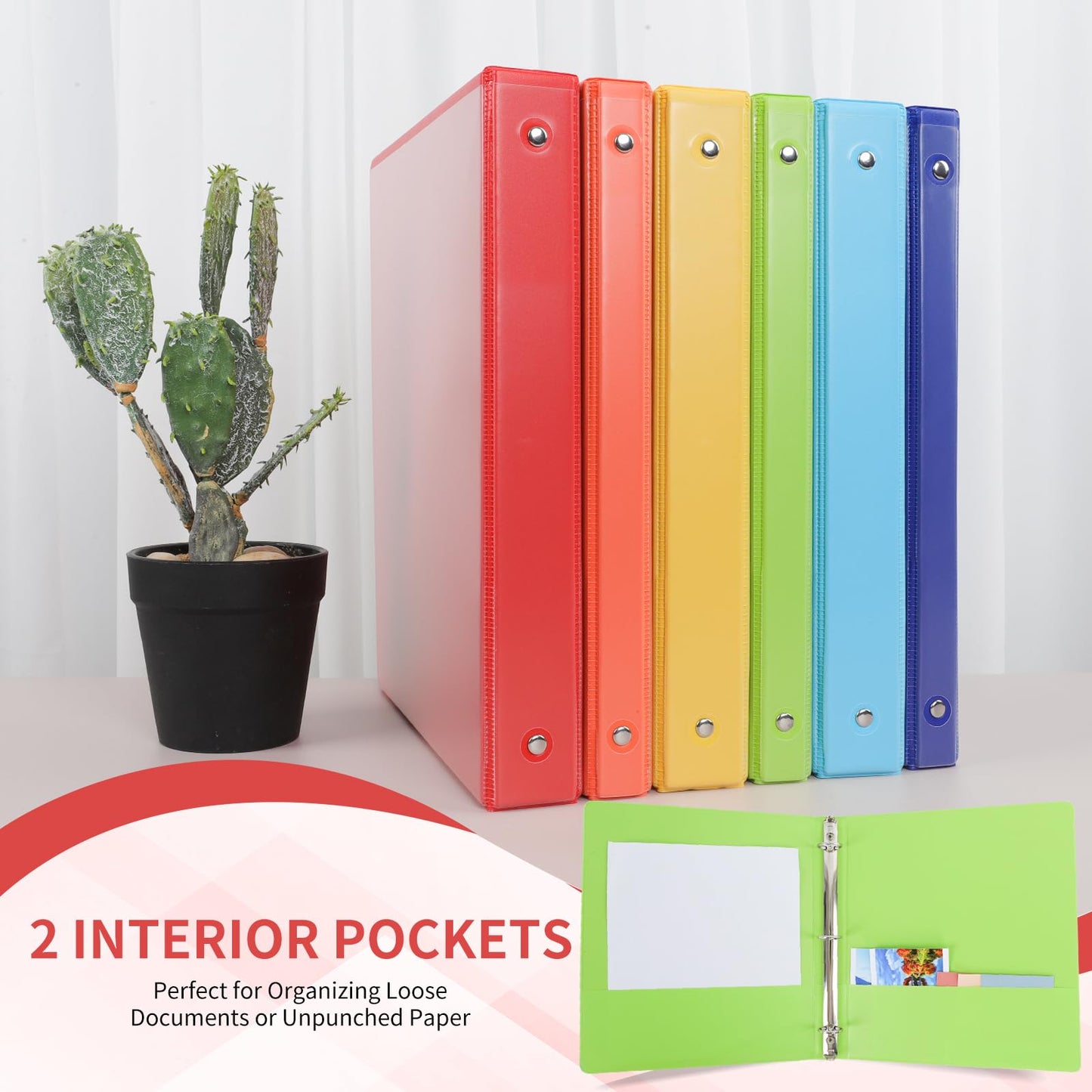 Durable 3-Ring Binder, 1 Inch Round Ring, Clear View Cover with 2 Inside Pockets, PVC-Free, Assorted Colors Binders, Holds 8.5 x 11 Inch Paper, 12 Count