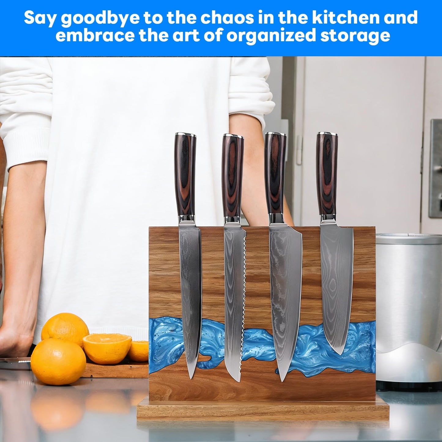 Ayiusideza Magnetic Knife Block | Double Sided Magnetic Knife Holder | Acacia Wood Magnetic Knife Rack | Magnetic Knife Storage Stand for Kitchen Counter, Blue Resin River, 12.59×9.84IN (No Knife)