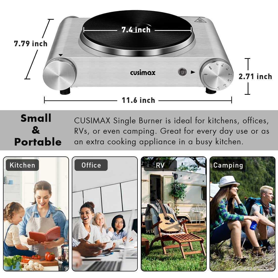 Hot Plate, CUSIMAX Electric Burner 1500W Hot Plate Cooking Single Burner Electric Stove with Heat-up in Seconds Adjustable Temperature Control Silver Stainless Steel Body, Your Kitchen Assistant