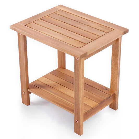 VICTORY RELAX Solid Acacia Wood Side Table with 2-Tier Storage, Weather-Resistant Outdoor Indoor End Table, Natural Rustic Color Night Stand