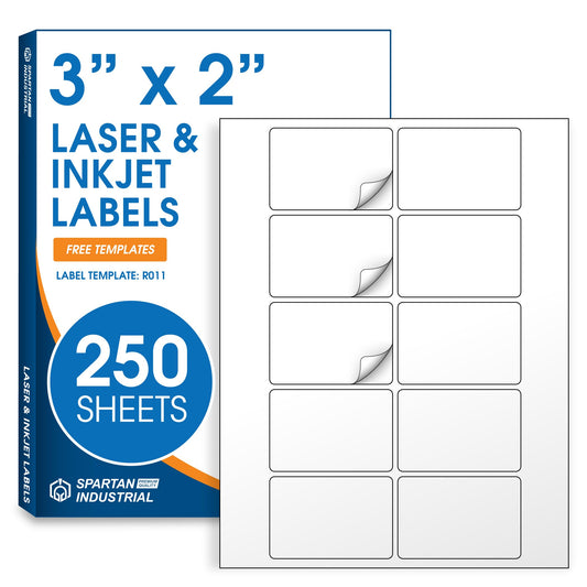3" X 2" Matte White Printable Shipping Labels (250 Sheets, 2500 Stickers) Mailing and Address Labels, Product Packaging Stickers for Laser & Inkjet Printers - Spartan Industrial Template R011