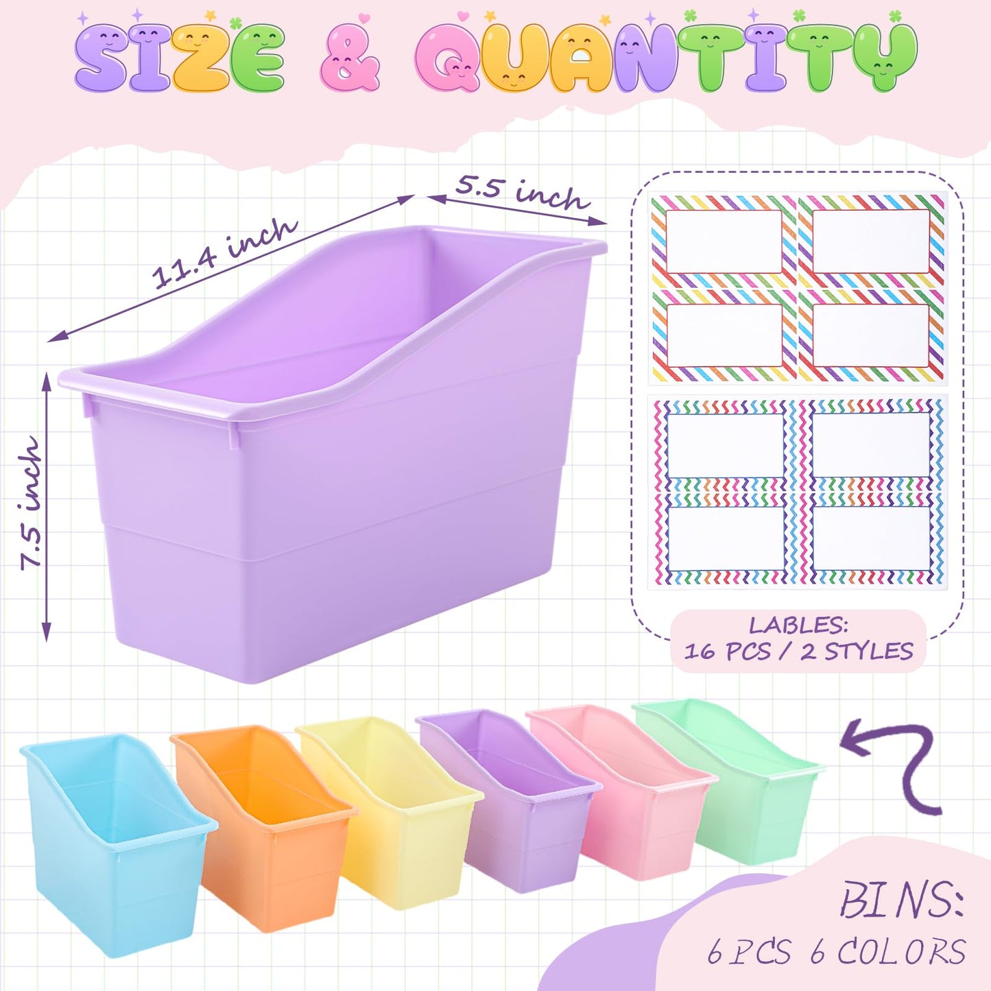 Blosssound 6 Set Book Bins for Classroom with Label Sticker Book Box Baskets Plastic Stackable Organizing Bins Storage & Organization for Classroom Library Home School Supplies (Pastel)