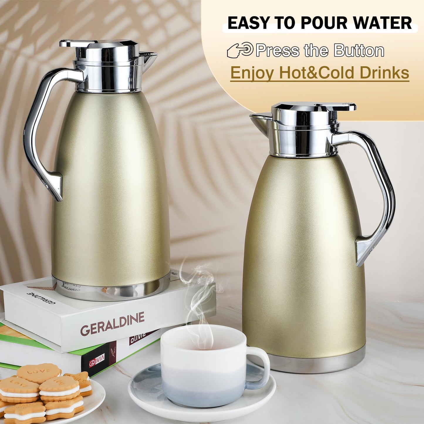 Tioncy 2 Pcs Thermal Coffee 78oz Insulated Carafe Hot Water Dispenser Stainless Steel Carafe for Liquid Coffee Tea Milk with 2 Brushes Keep 12 Hours Hot 24 Hours Cold(Gold)