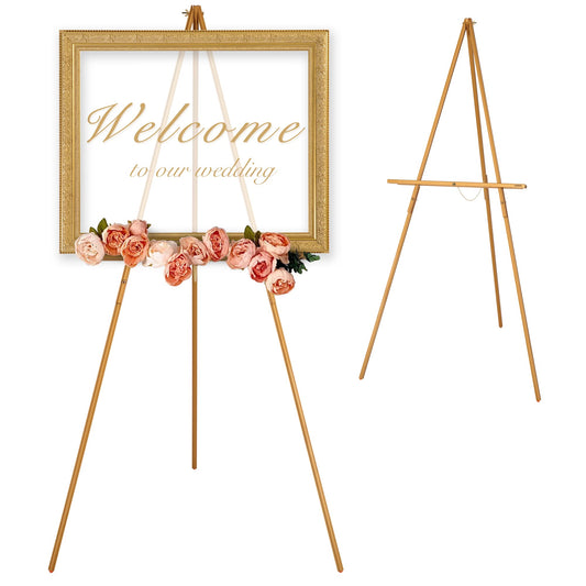 VISWIN Upgraded 63" Gold Wooden Easel Stand for Sign, Tripod Easel for Wedding Sign Stand, Welcome Board, Poster, Picture, Canvas Art Easel Floor with Tray for Display & Painting