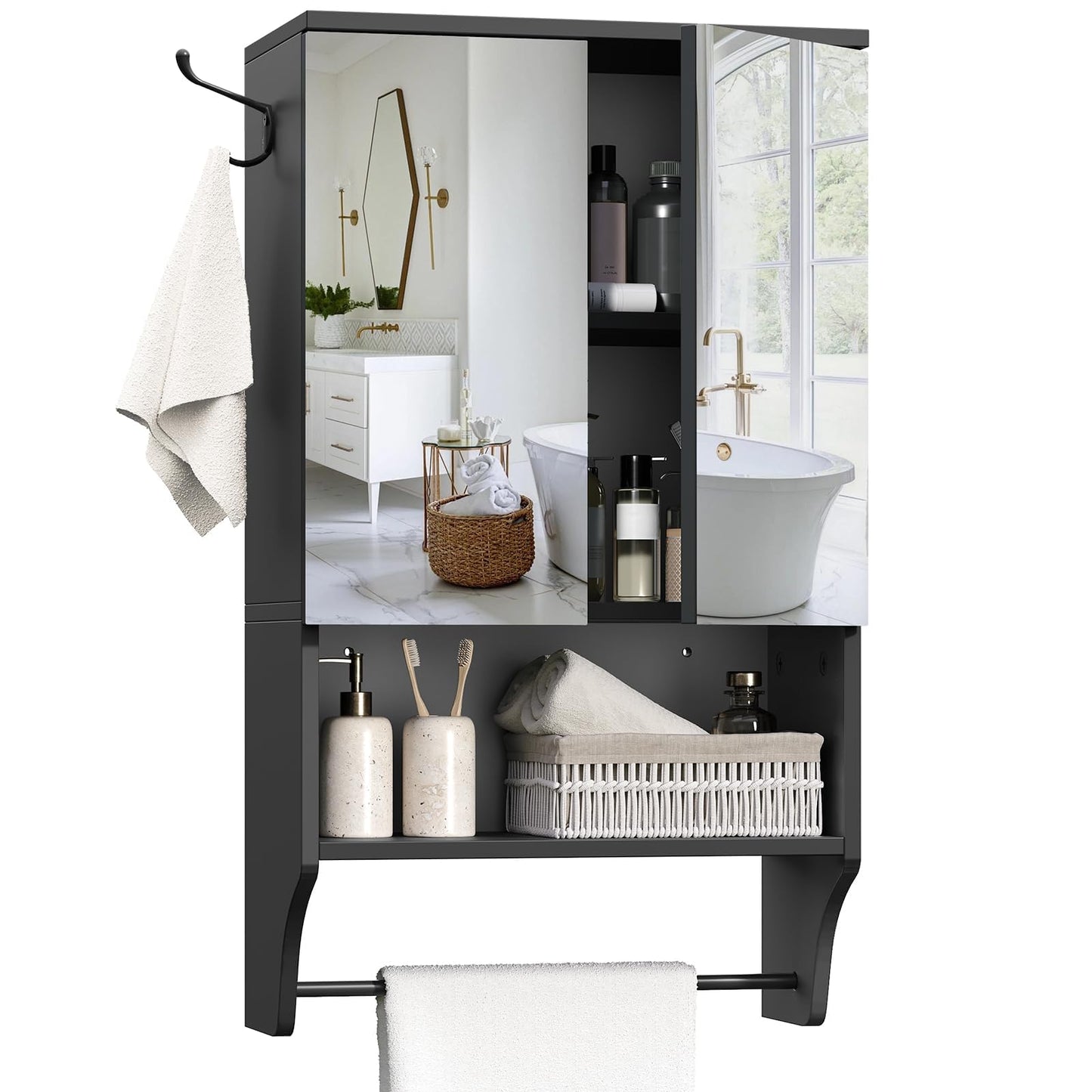 MAHANCRIS Bathroom Wall Cabinet with Mirror, Medicine Cabinet with 2 Door and Adjustable Shelf, Wall Mounted Over The Toilet Storage Cabinet with Towel Bar for Bathroom Laundry Room Kitchen, Black