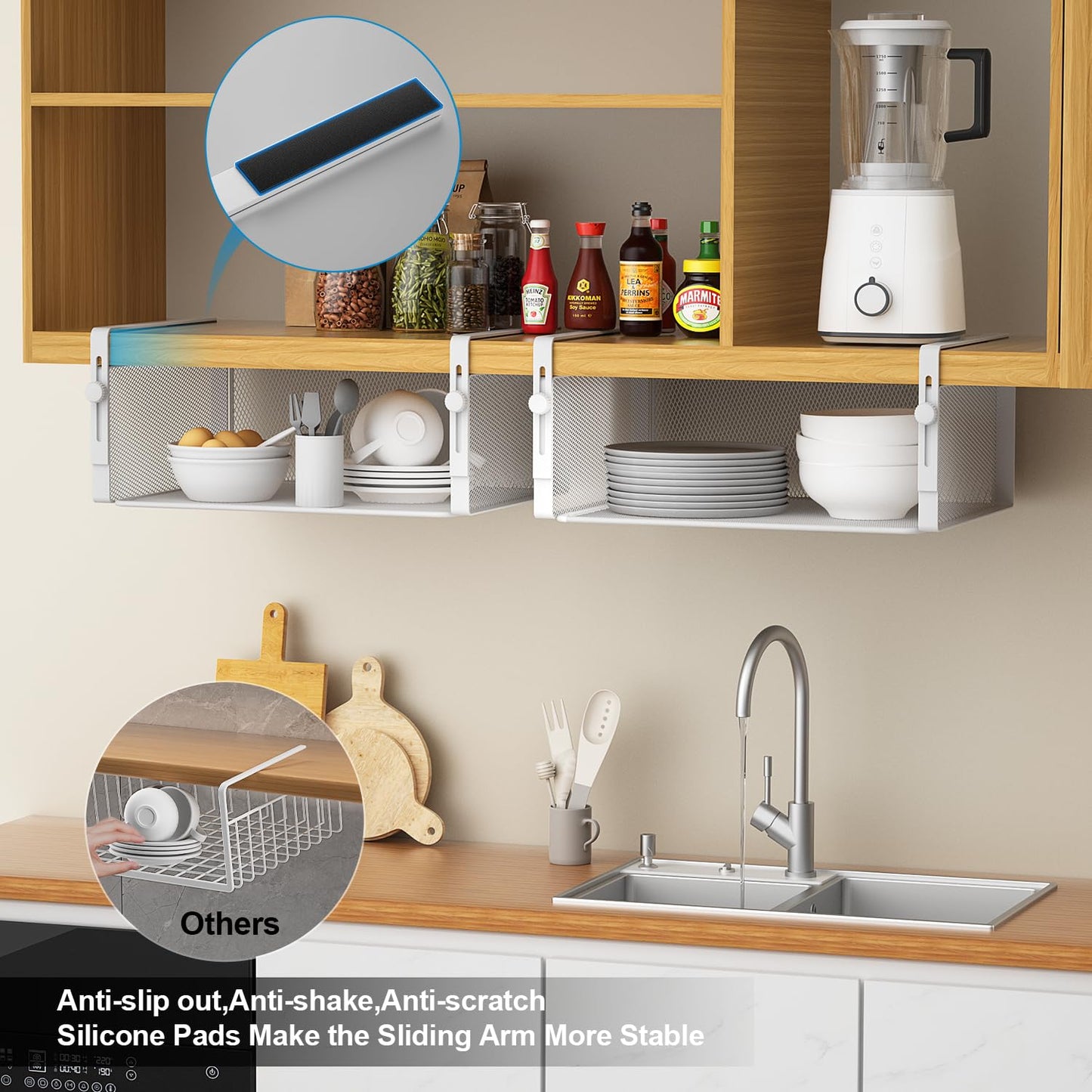 AmonHouseware 2Pack Under Shelf Basket Organizer,Adjustable Hanging Holder for Cabinet Pantry Kitchen Cupboard Desk Counter Bookshelf Organization Add-on Space Saver Heavy Duty Slide-in (White, Large)
