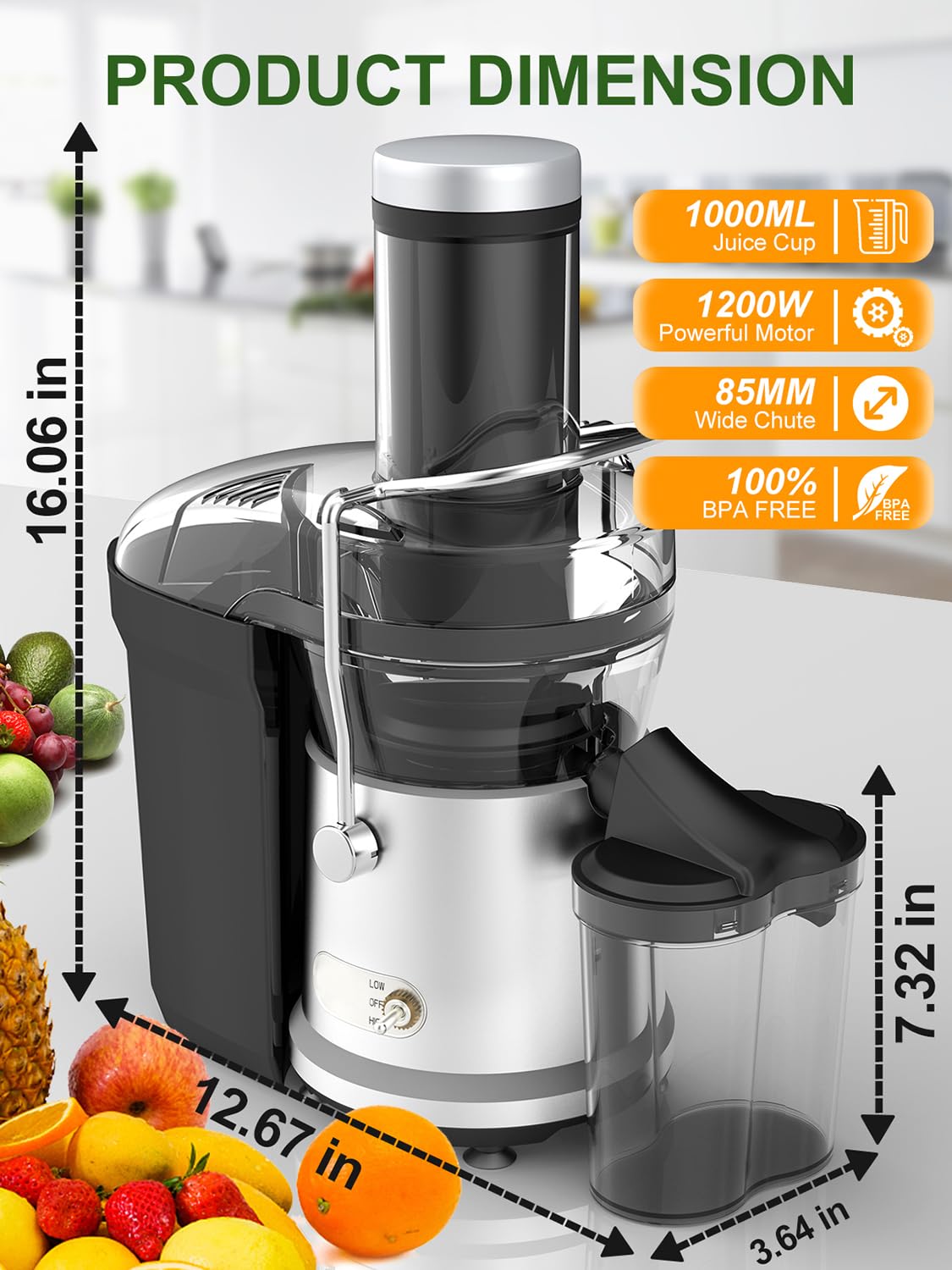 1200W Juicer Machines with 3.2" Feed Chute for Whole Fruits and Vegs, Dual Speeds Centrifugal Juice Extractor, Heavy Duty Full Copper Motor, 35oz Large Juice Jug, Easy to Clean, BPA-Free