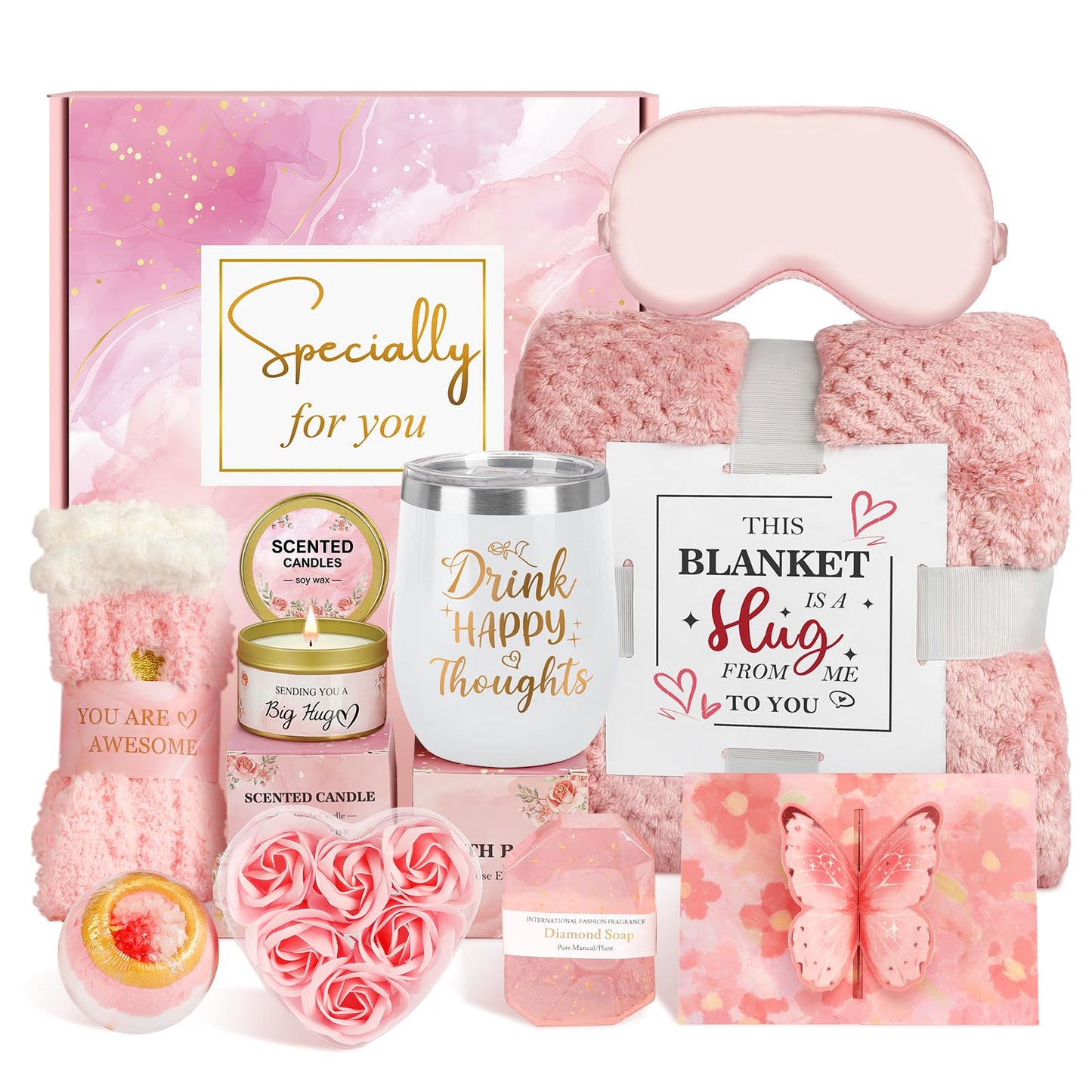 Birthday Gifts for Women Graduation Gifts for Her, Unique Self Care Package Get Well Soon Basket Rose Relaxing Spa Kit with Flannel Blanket Tumbler, Happy Christmas Box for Friend Mom Sister Wife