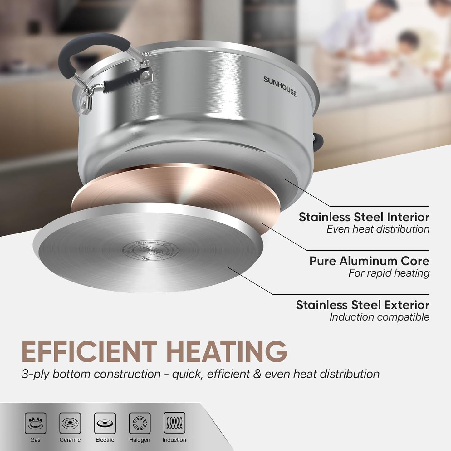 SUNHOUSE Stainless Steel Steamer Pot for Cooking - 5 QT Steaming Pot with Glass Lid & Steamer Basket - 2 Tier Tri-ply Vegetable Steamer with Stay-Cool Silicone Handles - Induction Compatible