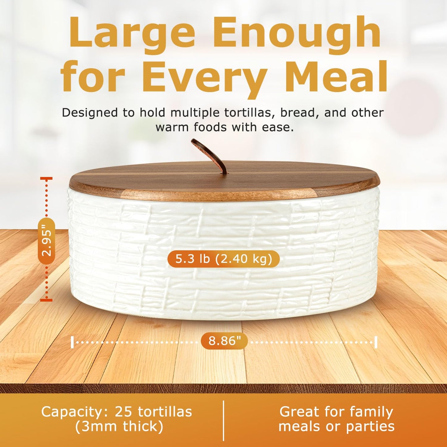SoulMex Ceramic Tortilla Warmer with Airtight Wooden Lid – 8.8 Inch Tortilla Holder, Insulated Bread Pancake Warmer, Authentic Tortillero for Tortillas, Pancakes, Roti – Large Tortilla Container