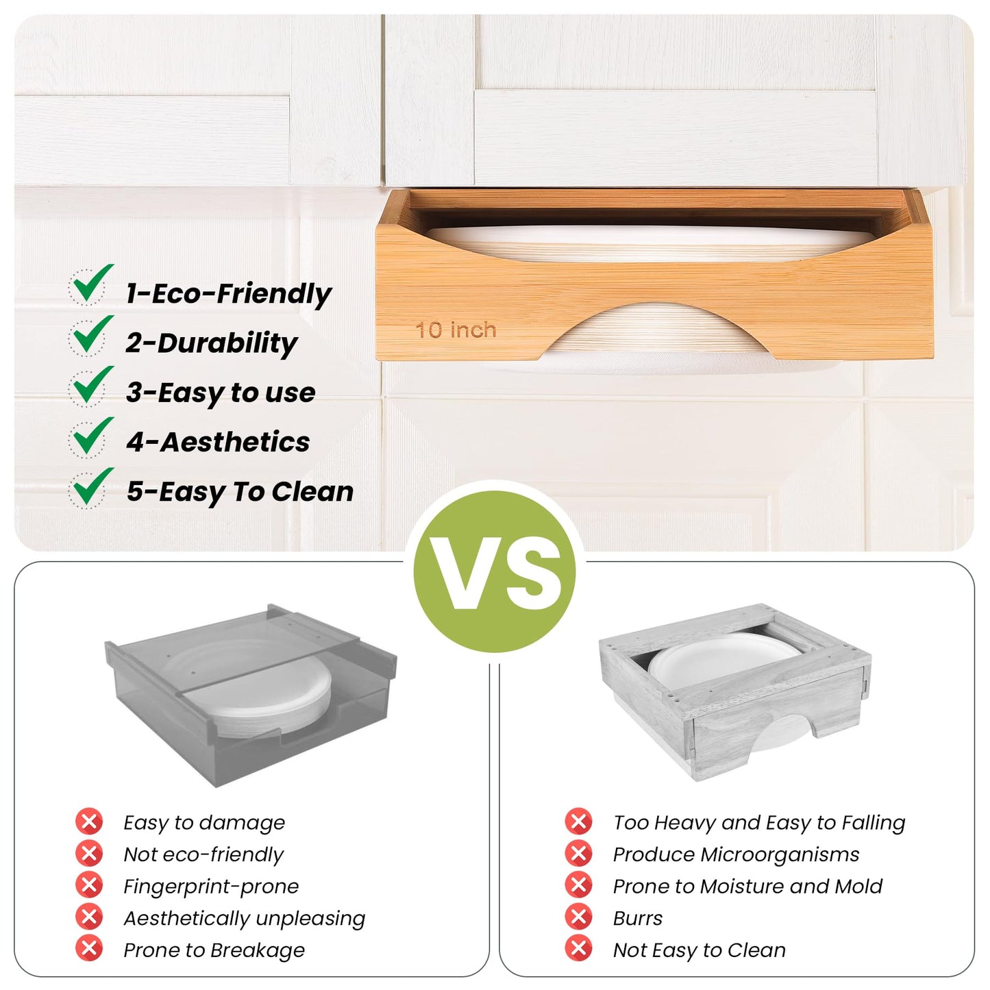 CKIU 10-inch Paper Plate Dispenser Under Cabinet, Bamboo Paper Plate Holders, Kitchen Counter Vertical Plate Dispensers Holders Countertop Caddy(For 10-inch Plates, Bamboo)