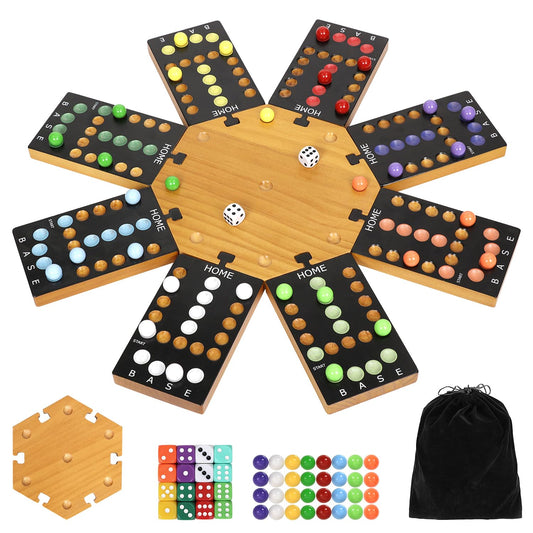 Marble Board Game,Wooden Board Game for 6-8 Players,Portable Design Marble Game with 32 Marbles 16 Dice, Family Game Night Gift for Kids & Adults