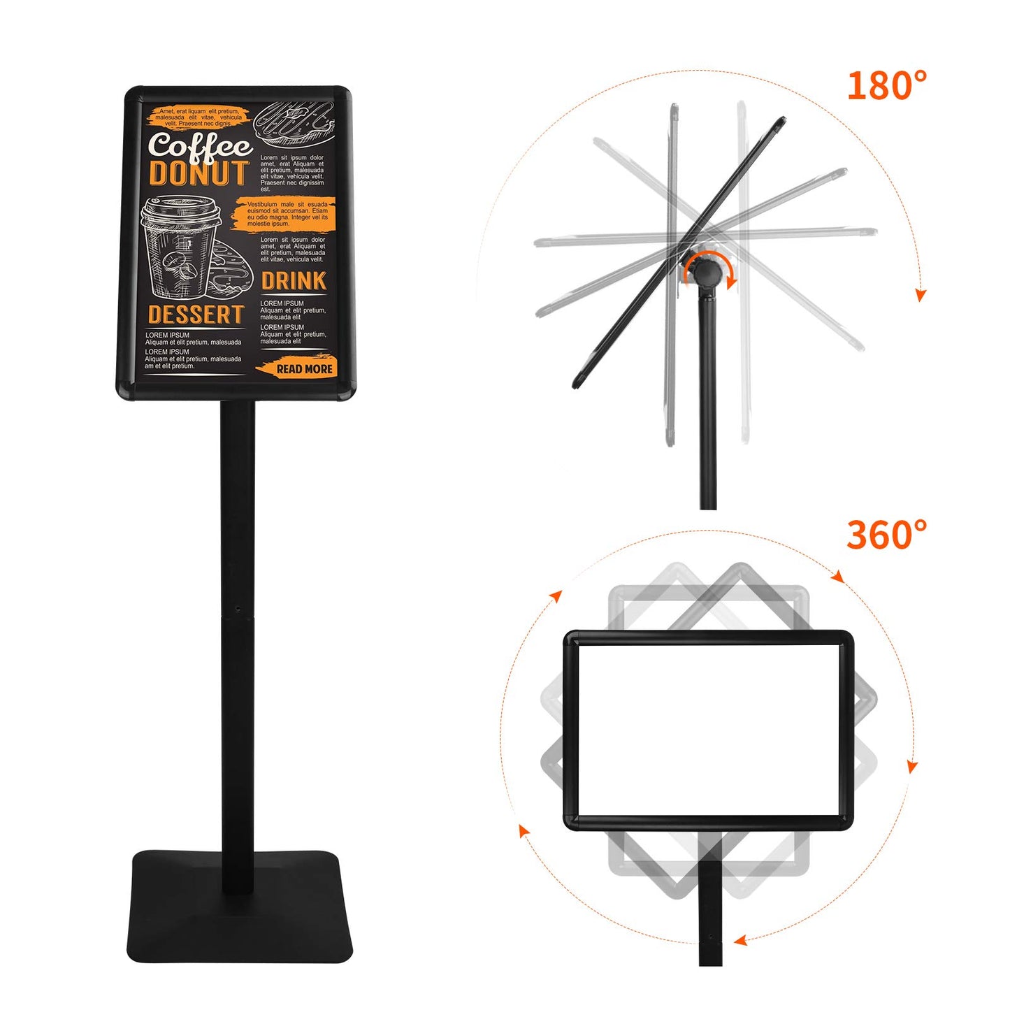 JUNJIAO Sign Stand Holder 8.5 x 11 Inch Poster Stand with Base Heavy Duty Pedestal Display Sign Stands Adjustable Floor Standing,Vertical and Horizontal Display for Indoor Outdoor, Black