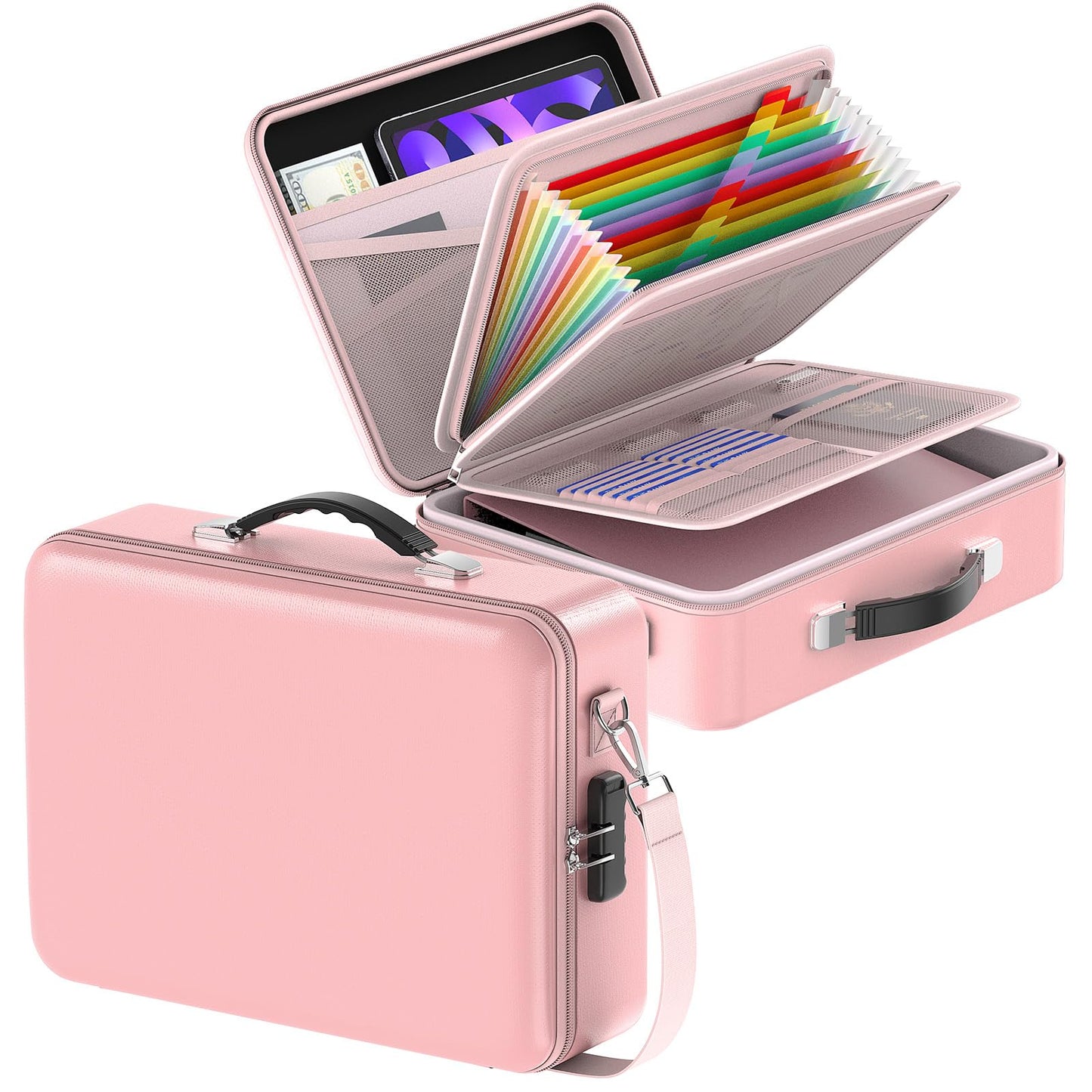 Chokoter Fireproof Document Box with Lock＆Shoulder Strap, Hard-Shell Case File Organizer with Accordion File Folder, Multi-Layer Portable Home Office (Pink)