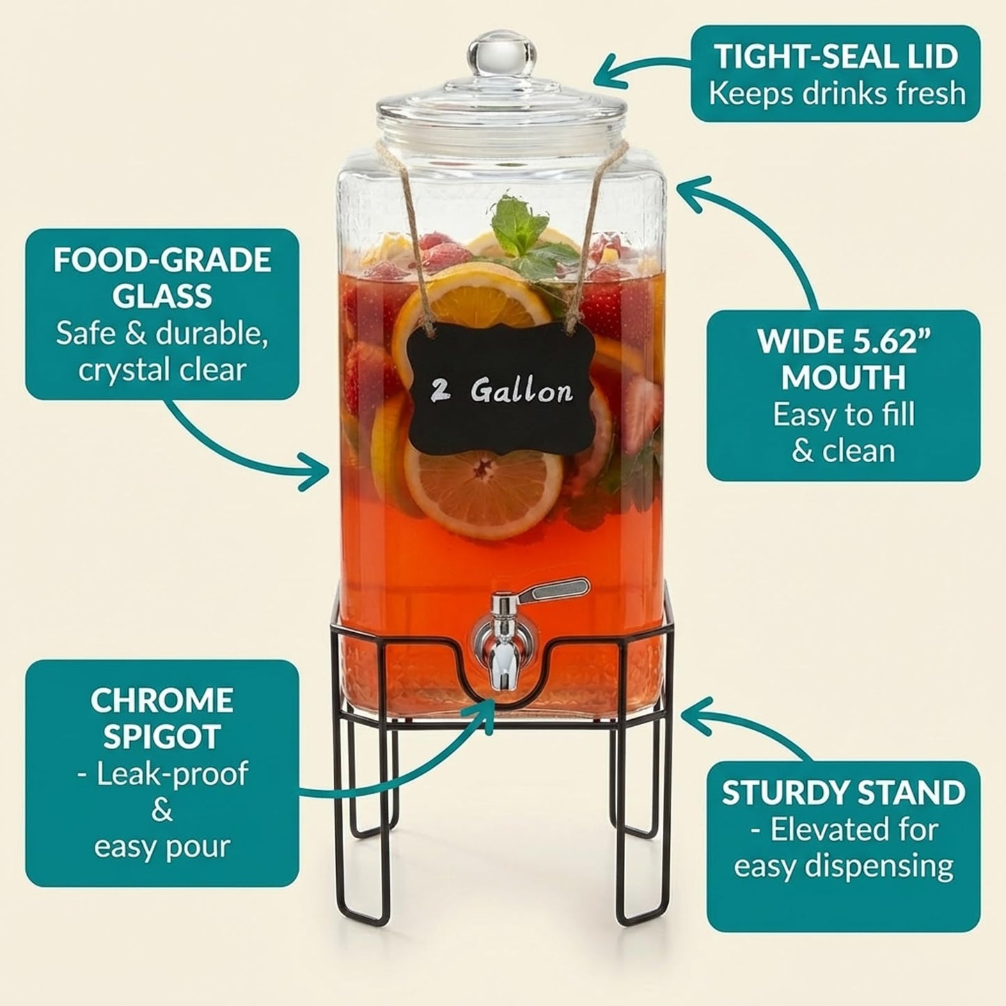 2 Gallon Glass Drink Dispenser, Drink Dispensers for Parties, Beverage Dispenser with Stand and Glass Lid, 100% Leakproof Spigot, Ideal for Lemonade, Juice, Laundry Detergent Dispenser