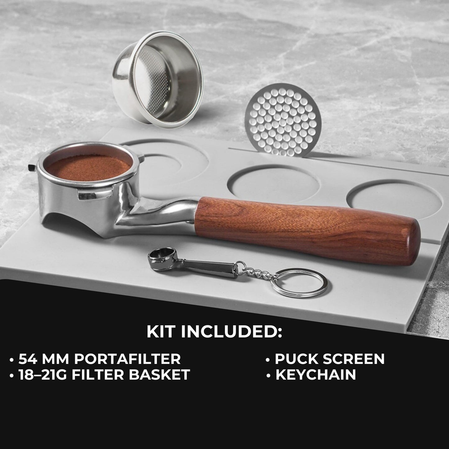 54mm Bottomless Portafilter Flat for Breville/Sage – Fits Barista Express, Pro, Touch, Bambino & Bambino Plus, Infuser – Rosewood Handle – Includes 18–21g Filter Basket & Puck Screen