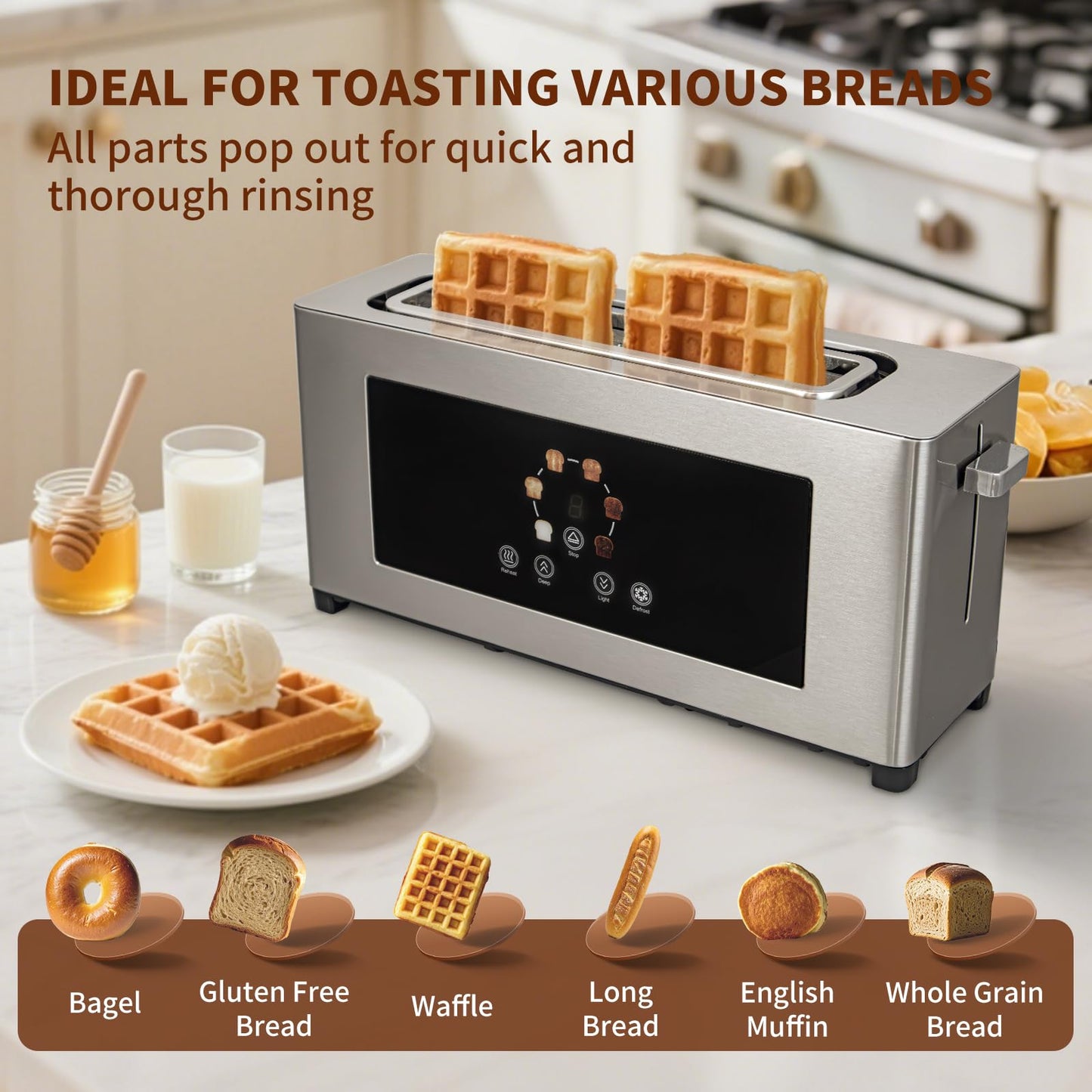 BBday 2 Slice Toaster with Touch Screen, Slim Toaster For Long Slice, 1.6" Wide Slot, 6 Browning Levels, 1000W Fast Heating, Slim Stainless Steel Design for Bagels, Baguettes, Compact Kitchen & RV Use