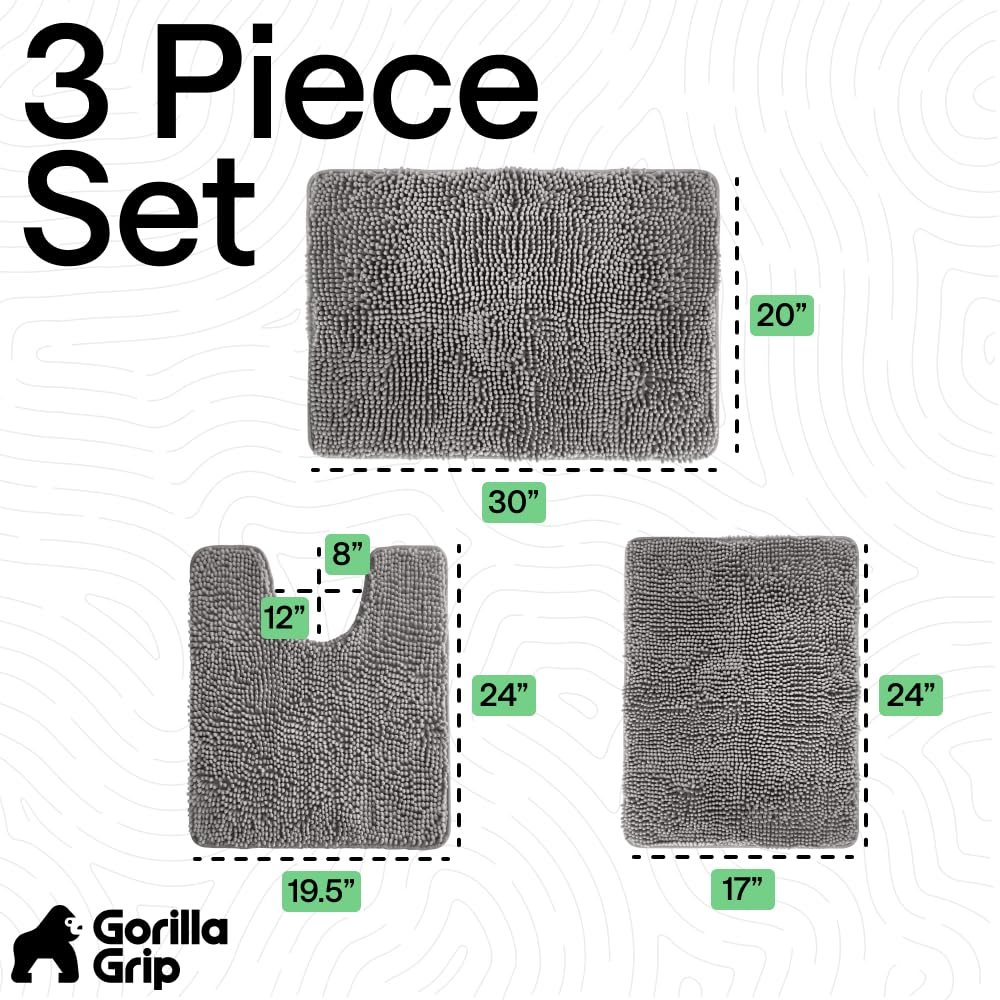 GORILLA GRIP Area Rug Sets 3 Piece, Bath Mat Set and Oval Toilet Base with Rubber Backing, Plush Absorbent Shaggy Chenille Washable Mats, Includes 24x19.5, 24x17 and 30x20 Inch Rugs, Grey