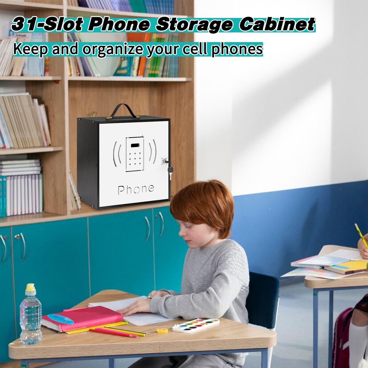 HZE Cell Phone Holder Classroom, 31 Slots, Wooden, Cell Phone Lock Box Pocket Chart with Handle and Security Lock for Storage and Organizer for Teacher, School (Black)