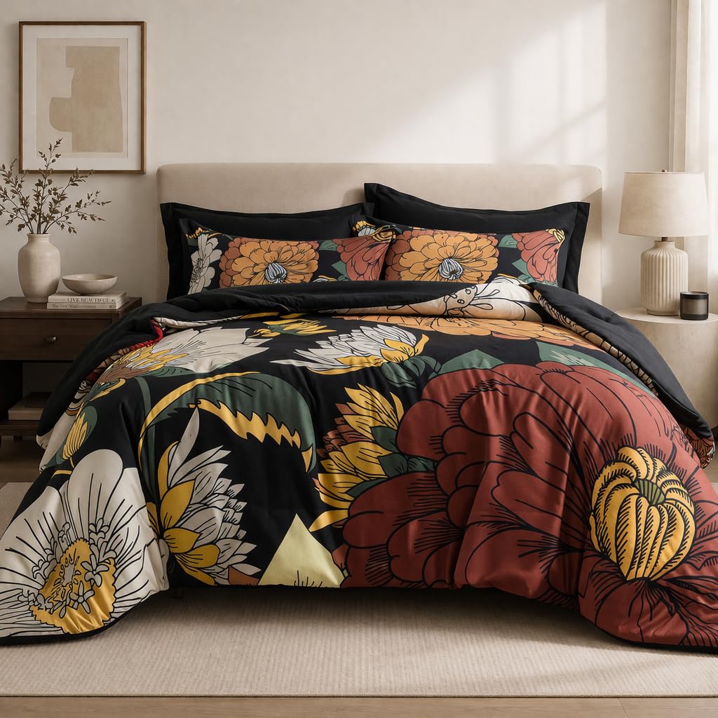 Tyrot Black Boho Floral King Comforter Set - 3 Piece Farmhouse Botanical Bedding Comforter Sets for All Season Soft Lightweight Mid Century Bed Set, (1 Reversible Comforter and 2 Pillow Shams