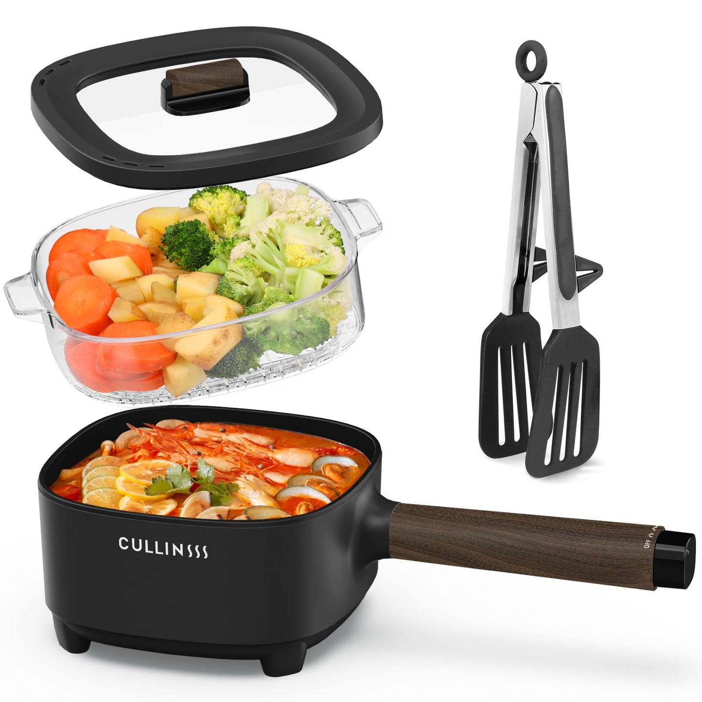 CULLINSSS 2L Hot Pot Electric with Steamer, Portable Electric Pot with Upgrade Titanium Nonstick Coating for Dorm, Office, Travel, Multi Cooker Pot for Ramen, Soup, Oatmeal (Tongs Included)