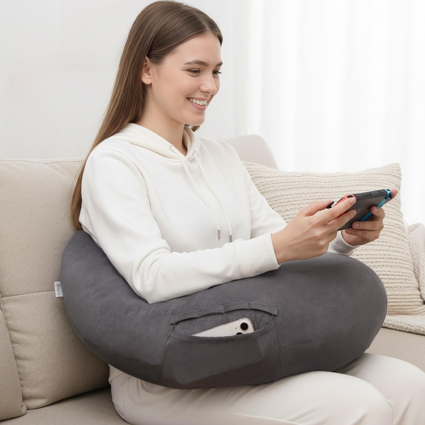 ENITYA Extra Large Ergonomic Gaming & Reading Pillow with Arm & Elbow Support,U-Shaped Lap Pillow for Crocheting,Knitting,Nursing,Working,or Sitting in Bed or Sofa,Washable Suede Cover (Grey)