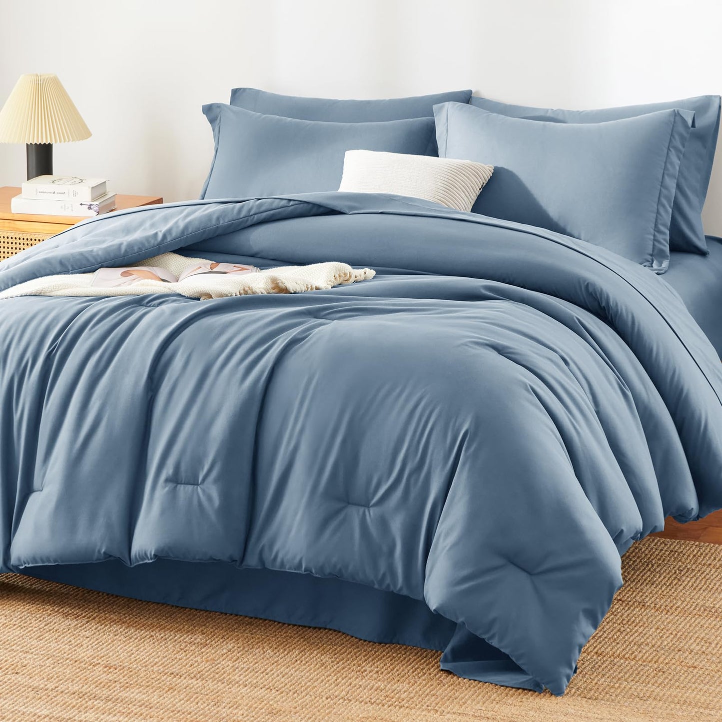 HIMEET Queen Size Comforter Sets - 7 Pieces Bed in a Bag Queen, Luxury Comforter Set with Sheets for All Season, Bed Set with Comforter, Flat Sheet, Fitted Sheet, Pillowcases & Shams, Grayish Blue