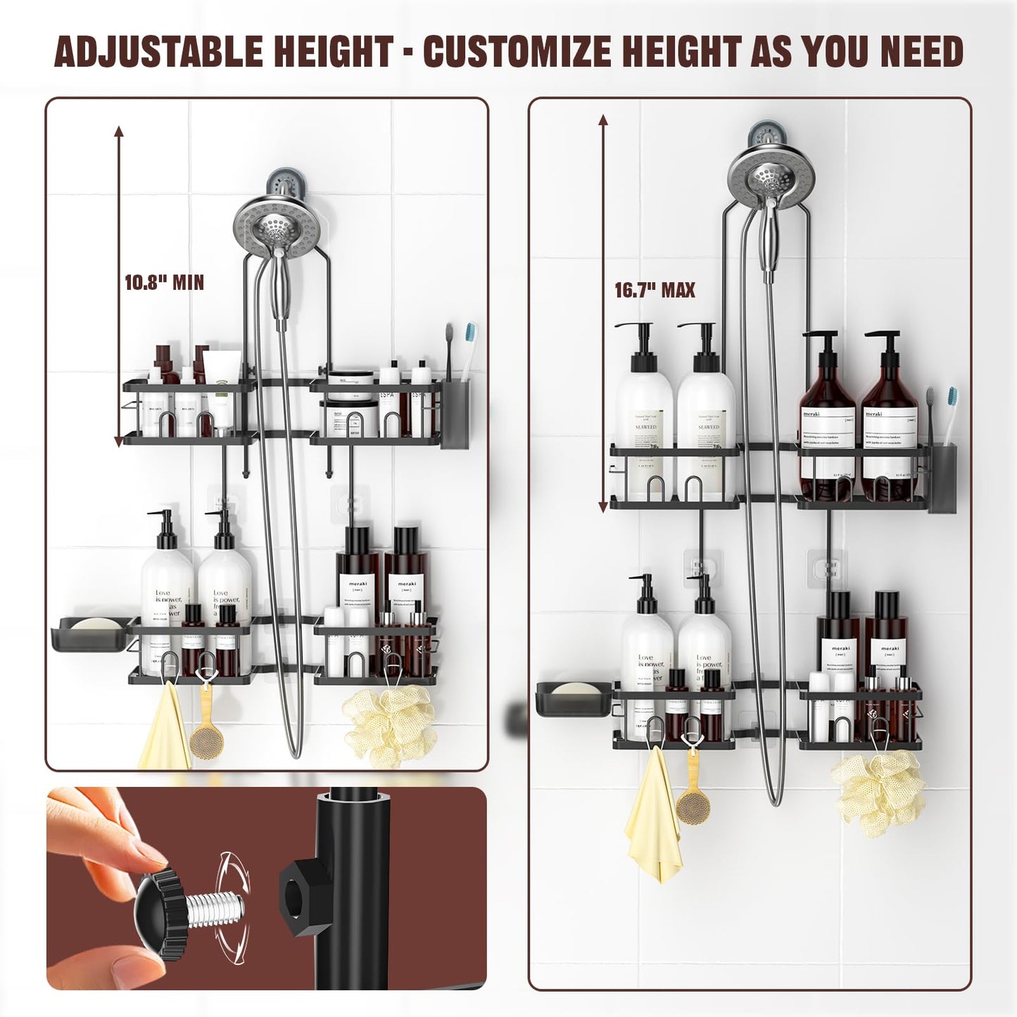 REINHARDT Adjustable Shower Caddy Hanging Rustproof Shower Caddy for Handheld Showerheads, Shower Organizer with Hooks Soap Holder Toothbrush Holder, Anti-Swing Shower Rack Bathroom Accessories, Black