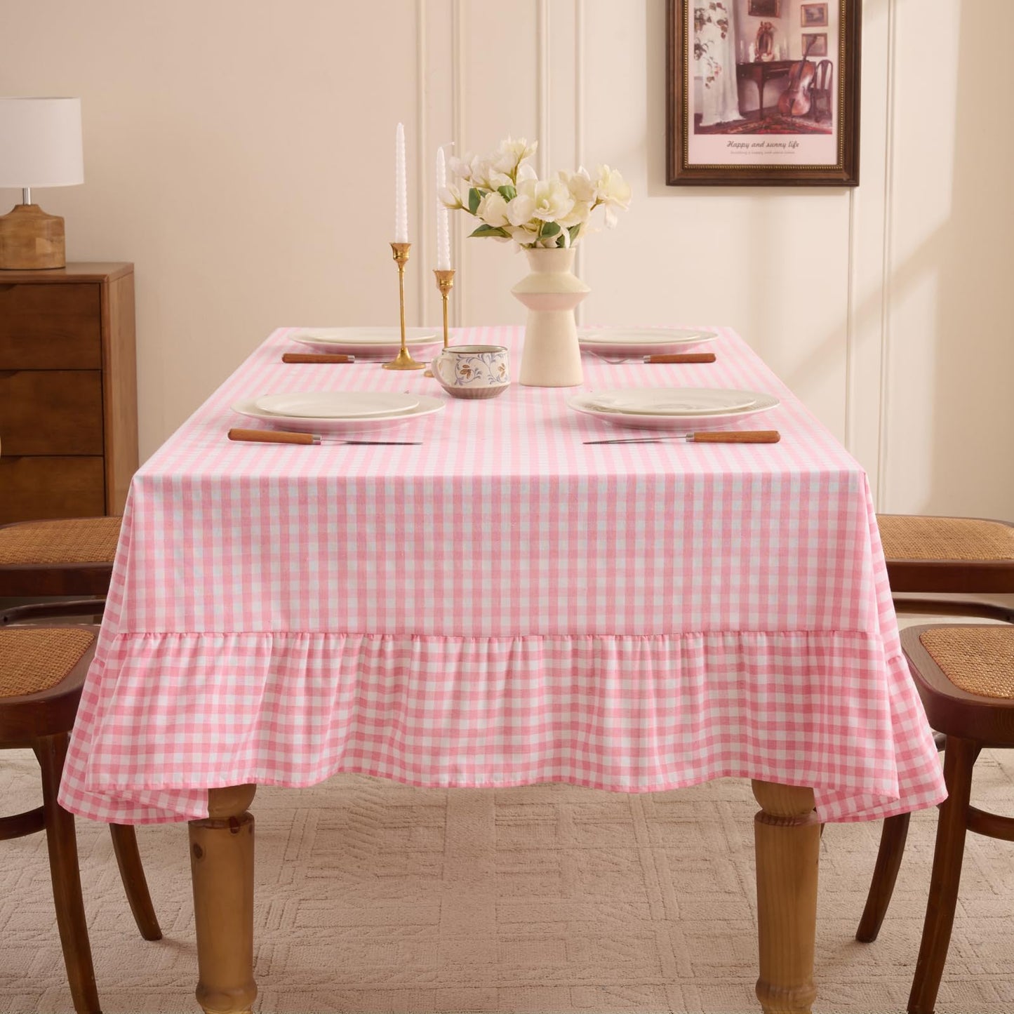 Romanstile Gingham Ruffled Tablecloth Rectangle - Waterproof Linen Cotton Checkered Table Cloth, Outdoor Plaid Table Cover for Picnic, Camping, Party - 60 x 84 Inch, Pink