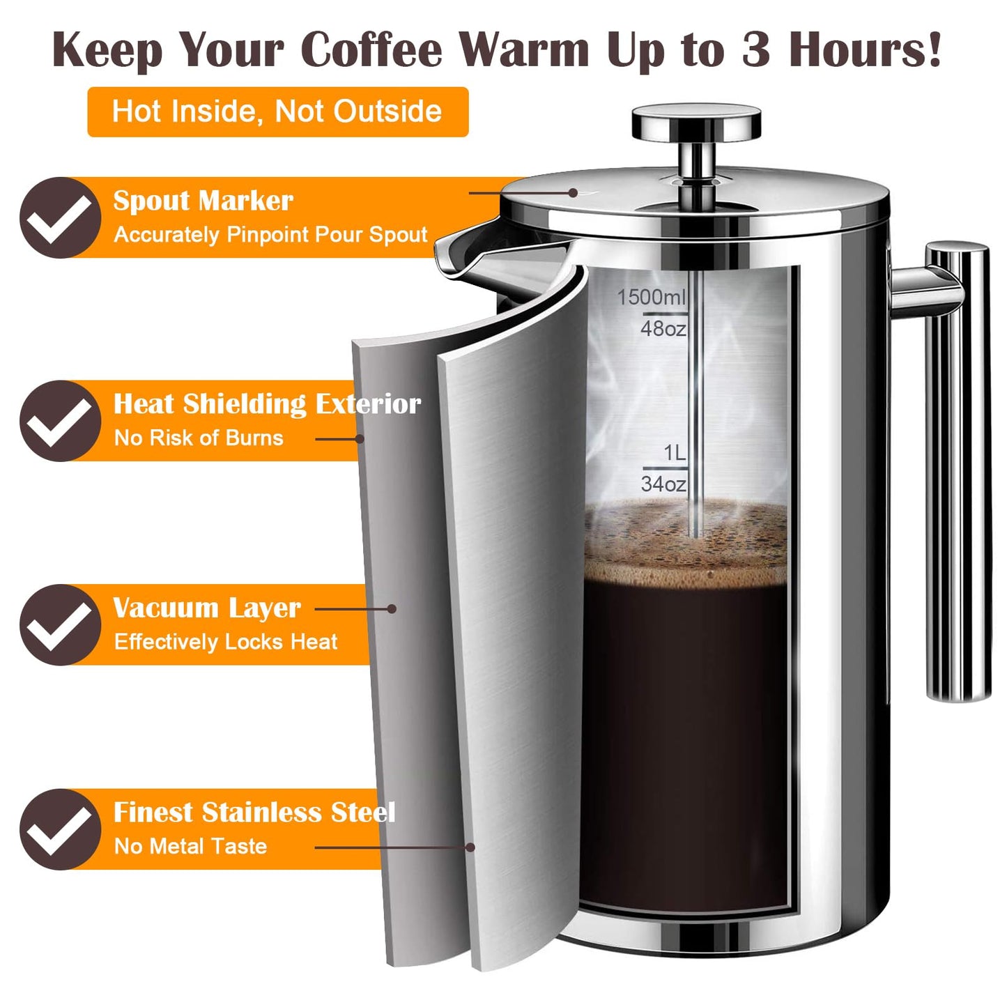 LANTE French Press Coffee Maker, 1.5L Double Insulated 304 Stainless Steel Tea Maker 4 Level Filtration System, No Coffee Grounds, Rust-Free, Dishwasher Safe 50oz Coffee Press for Family Party