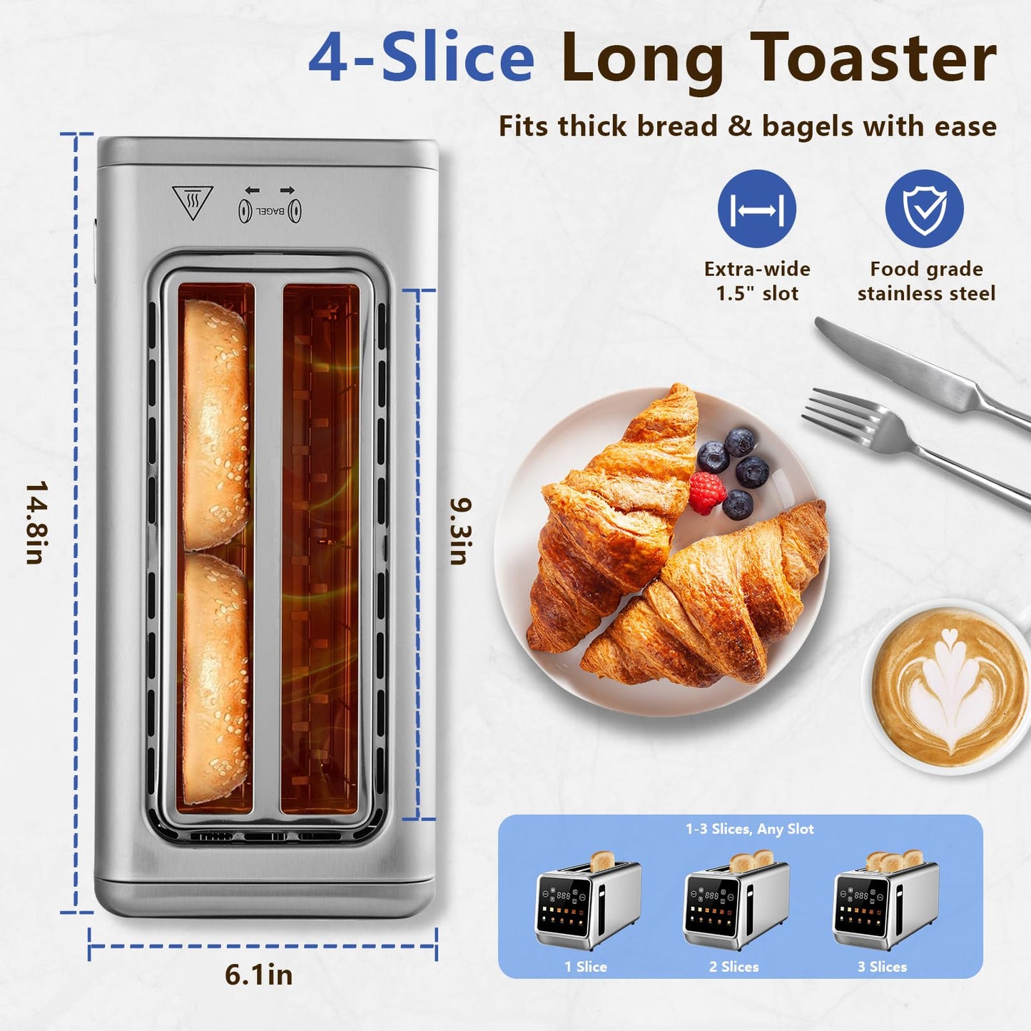 SAKAMOSH Touch Screen Toaster 4 Slice, Smart Digital Toasters with LED Display & Timer, Extra Long Wide Slots for Bagels, 6 Browning Levels & 5 Bread Types, Memory Function, 1400W, Stainless Steel