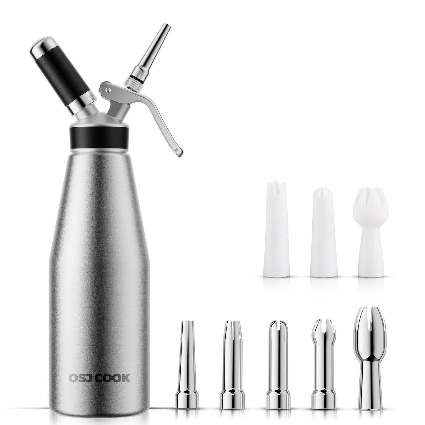 Professional Aluminum Whipped Cream Dispenser - 1000 mL/2 Pint,Leak-Free Whipped Cream Maker Canister with 8 Decorating Nozzles & Cleaning Brush - N2O Chargers (Not Included) (Silver, 1000ml)