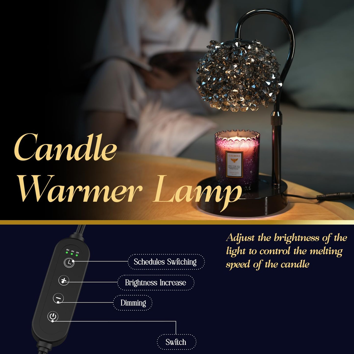 VXUNLIOR Luxury Candle Warmer Lamp with Timer & Dimmable Brightness, Crystal Gemstone Shade & Premium Base - Adjustable Wax Melt Warmer for Home Decor