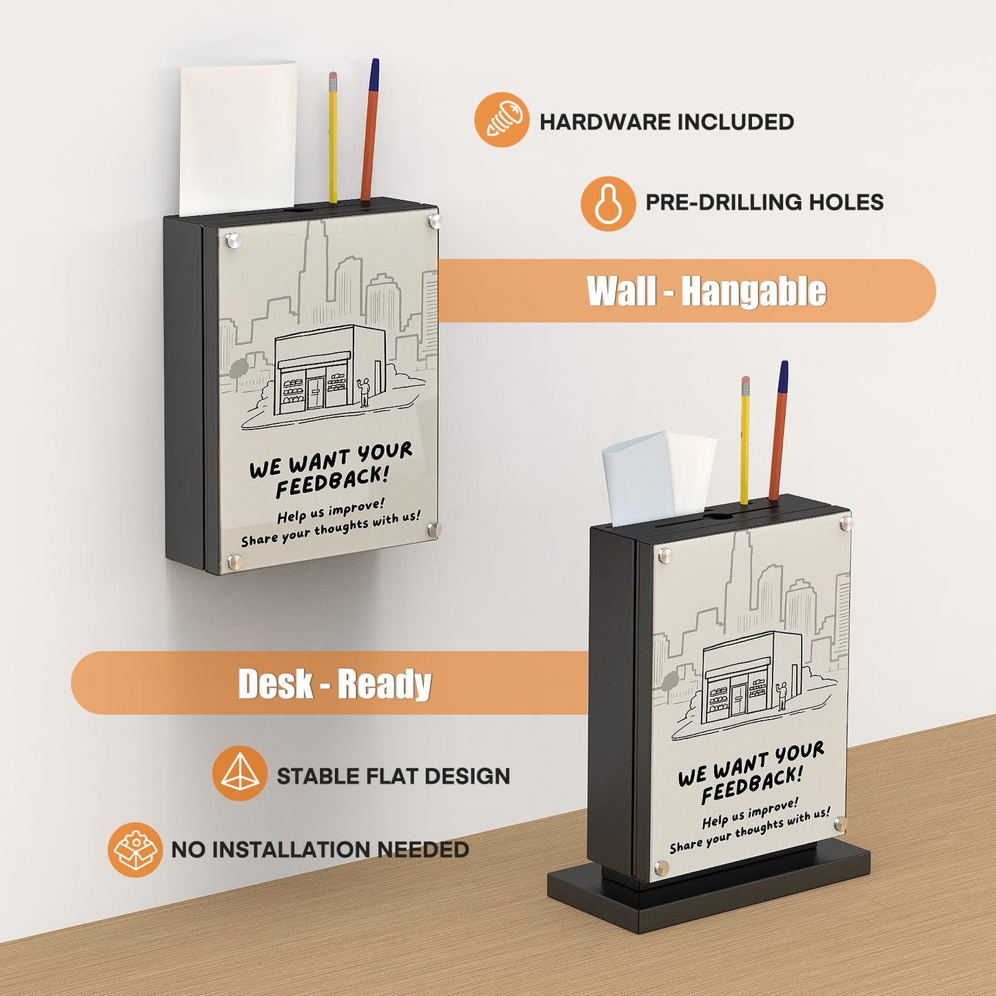 Metateel Suggestion Box with Slot and Lock-Wall Mount Option, Metal Ballot Box with Acrylic Panel for Voting, Black Donation Case with Key Drop Slot and Safe Lock for Fundraising, Hotel and Office Use