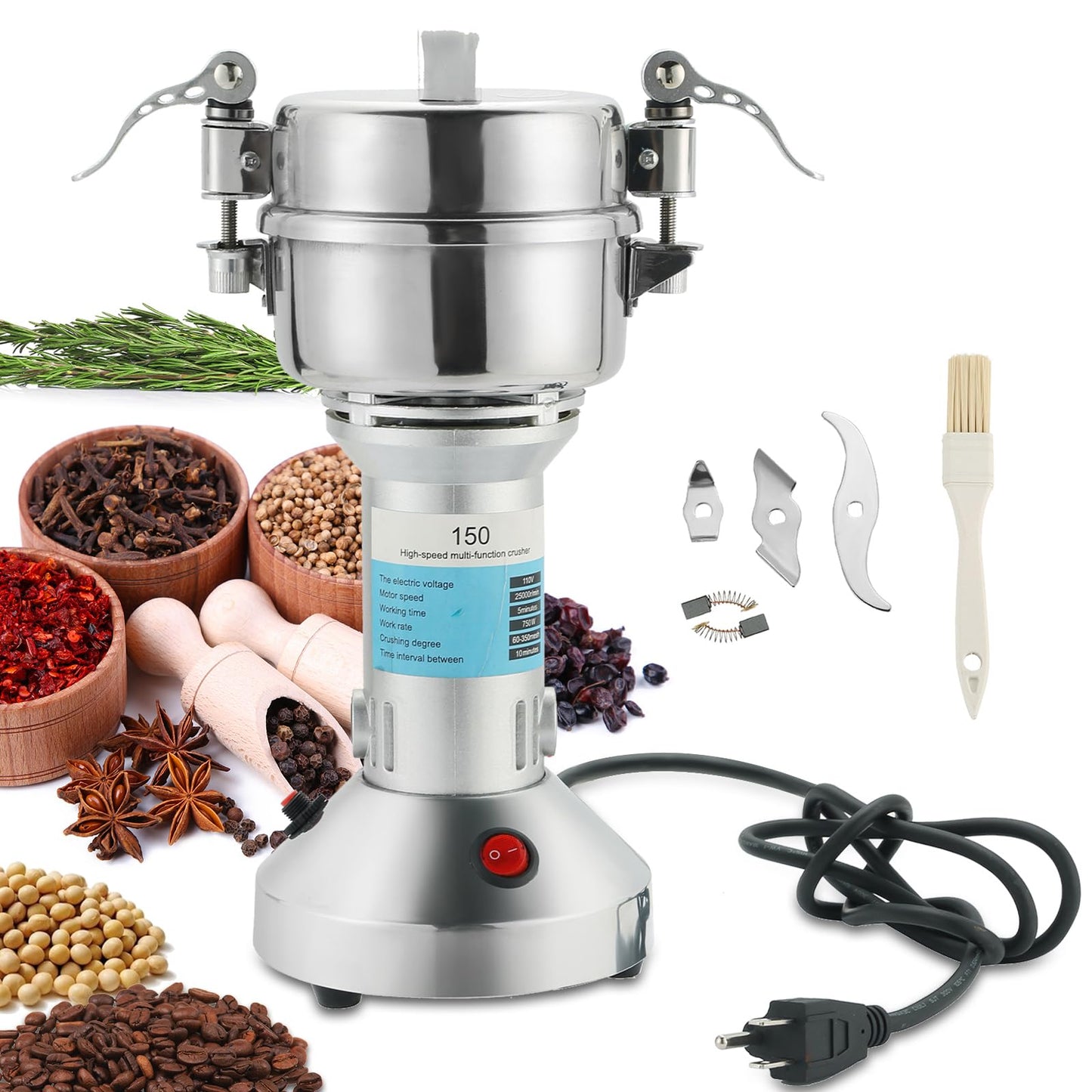 MYFULLY Electric Grain Mill Grinder High Speed Stainless Steel Pulverizer Mill Grinding Machine Cereals Corn Medicine Pearl Seasonings Spices Commercial Grade for Kitchen Grinding Machine (150g)