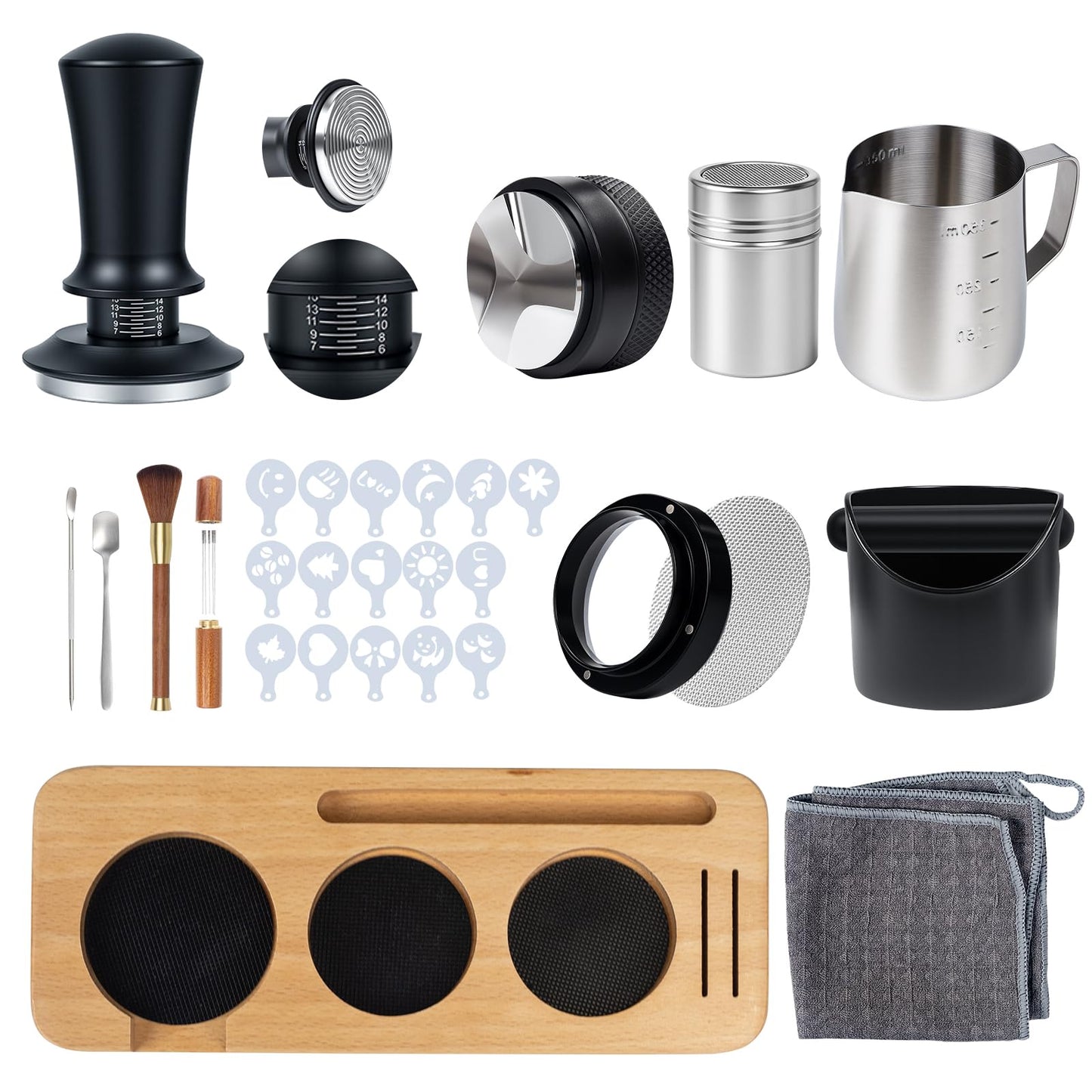 29PCS Espresso Accessories Kit,51mm Espresso Tamper Tools,Includes Wood Station,Distributor,Knock Box,Stirrer,Dosing Funnel,Brush,Puck Screen,Frothing Pitcher,Powder Ring,Towel,Decorative Stencils