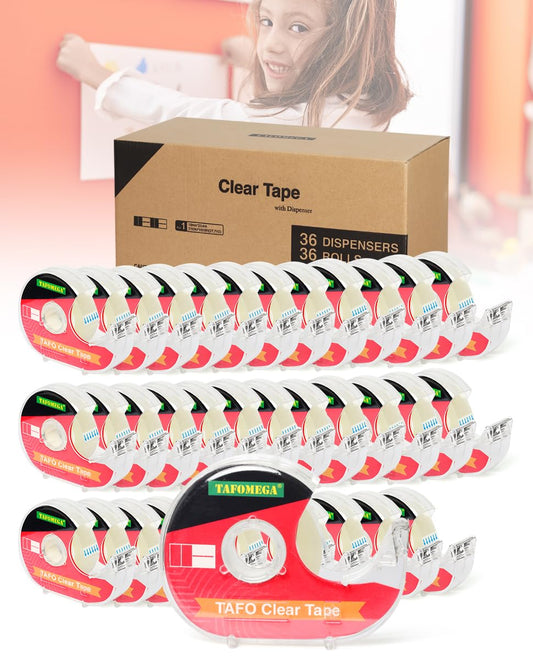 Tafomega Clear Tape for Wrapping,Repairing and Adhesiving Smooth Cut Transparent Tape with Dispenser for Office & School Project 0.7 X 1000 Inch,36 Pack